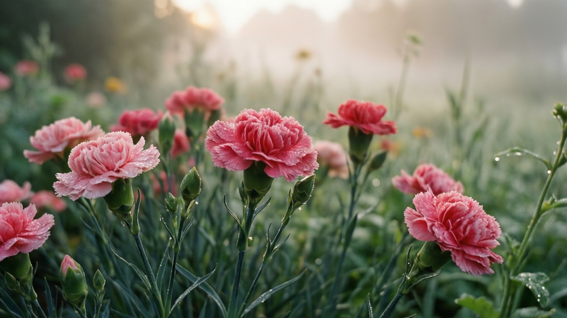 morning fog, garden, pink carnations, Full HD Desktop Wallpaper