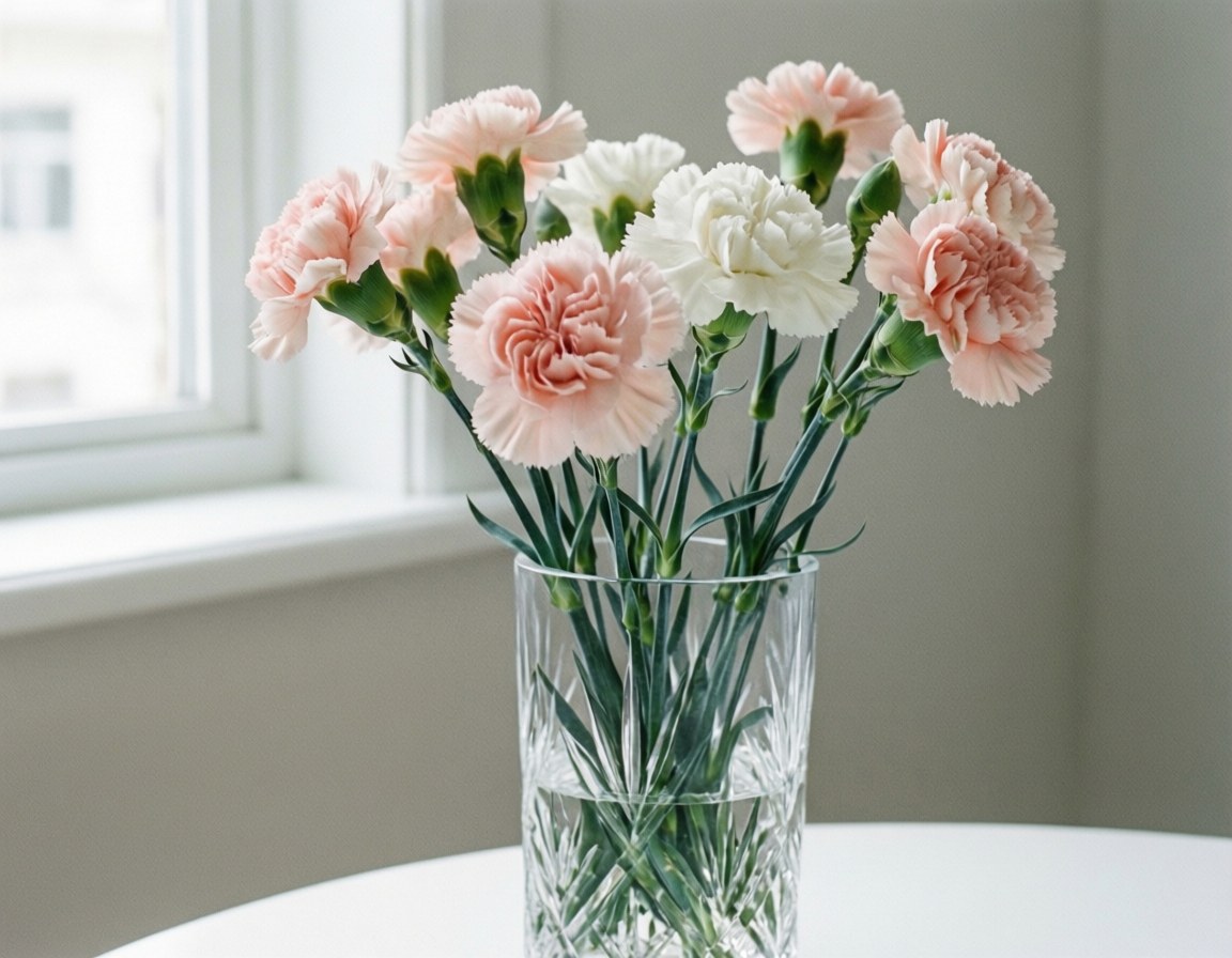minimalist carnations vase, pink and white carnations, clear glass vase, SD Desktop Wallpaper