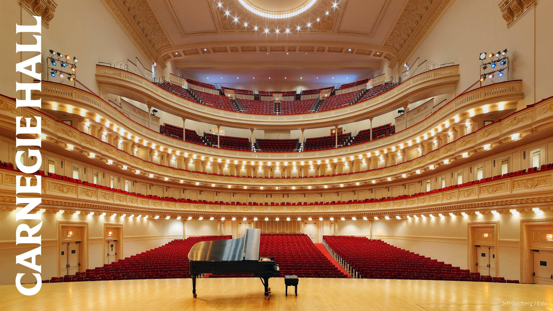 Carnegie Hall, grand piano, tiered red seats, Full HD Desktop Wallpaper