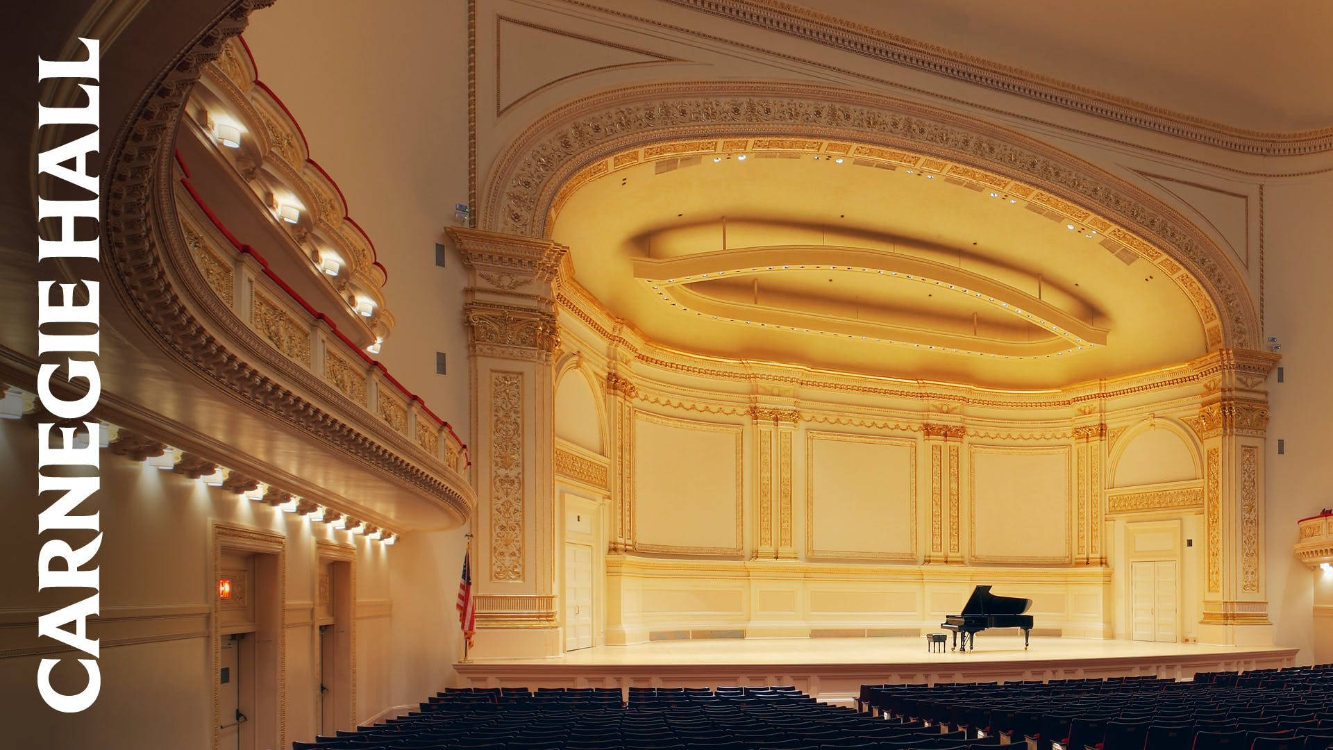 Carnegie Hall, golden accents, black grand piano, Full HD Desktop Wallpaper