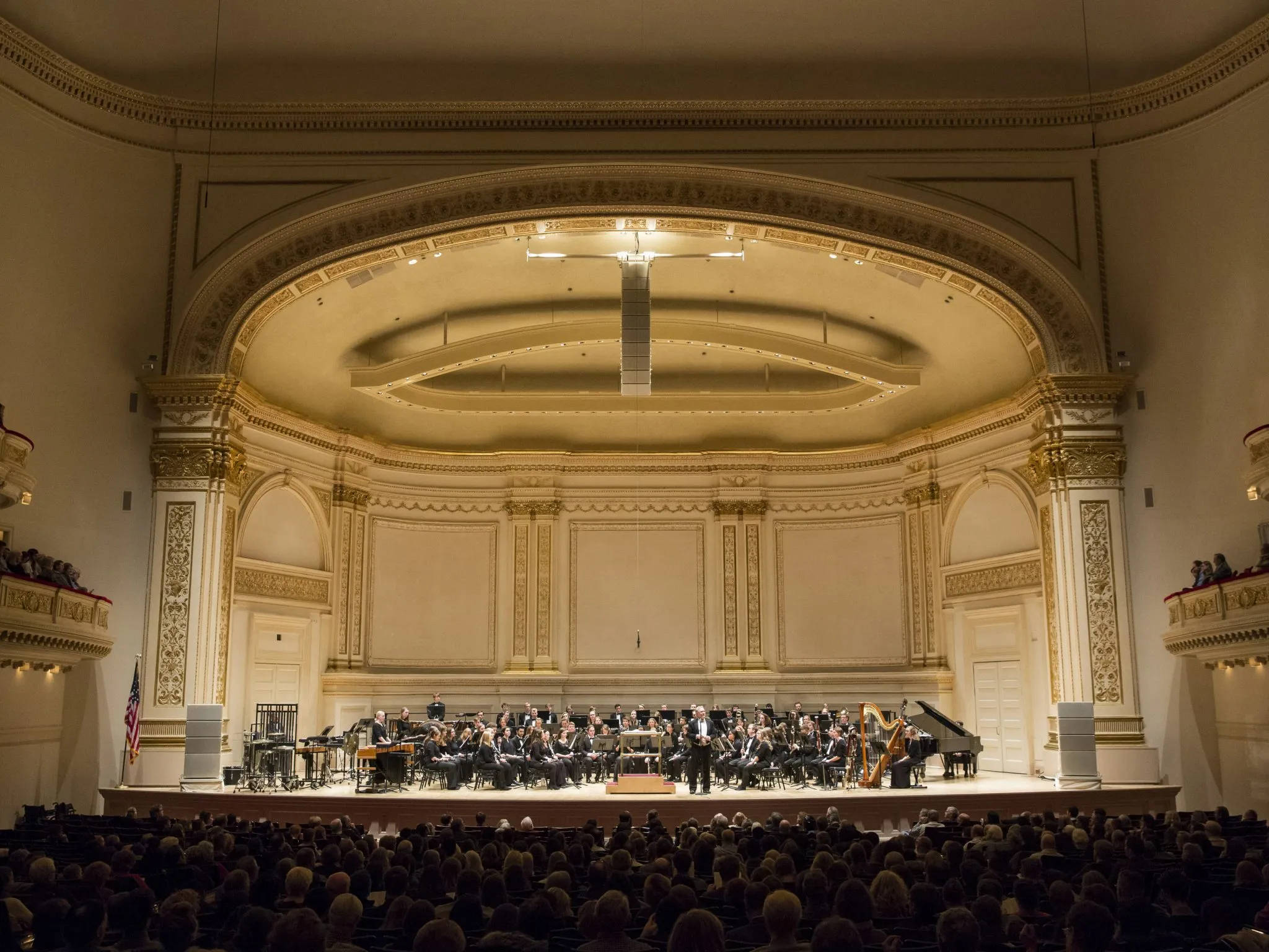 Carnegie Hall, neoclassical concert hall, warm golden lights, Full HD Desktop Wallpaper