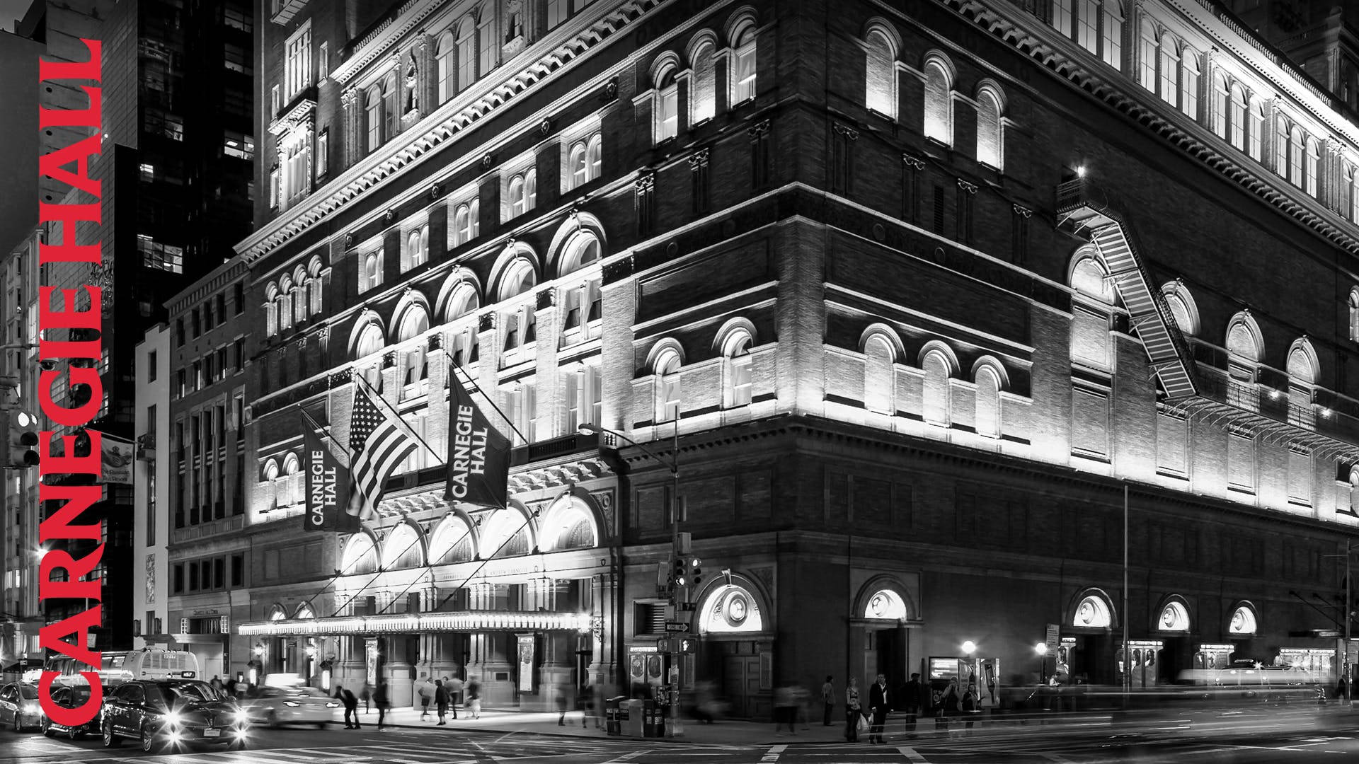 Carnegie Hall, black and white, night view, Full HD Desktop Wallpaper