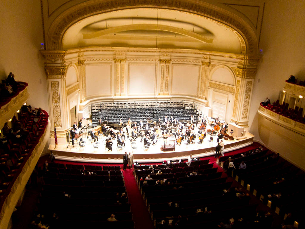 Carnegie Hall, orchestra, golden lights, SD Desktop Wallpaper