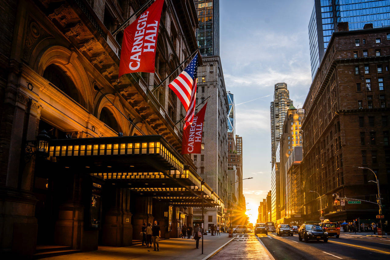 Carnegie Hall, golden sunset light, New York City street, HD Desktop Wallpaper