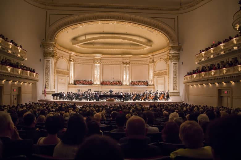 Carnegie Hall, warm golden lights, grand ornate concert hall, SD Desktop Wallpaper