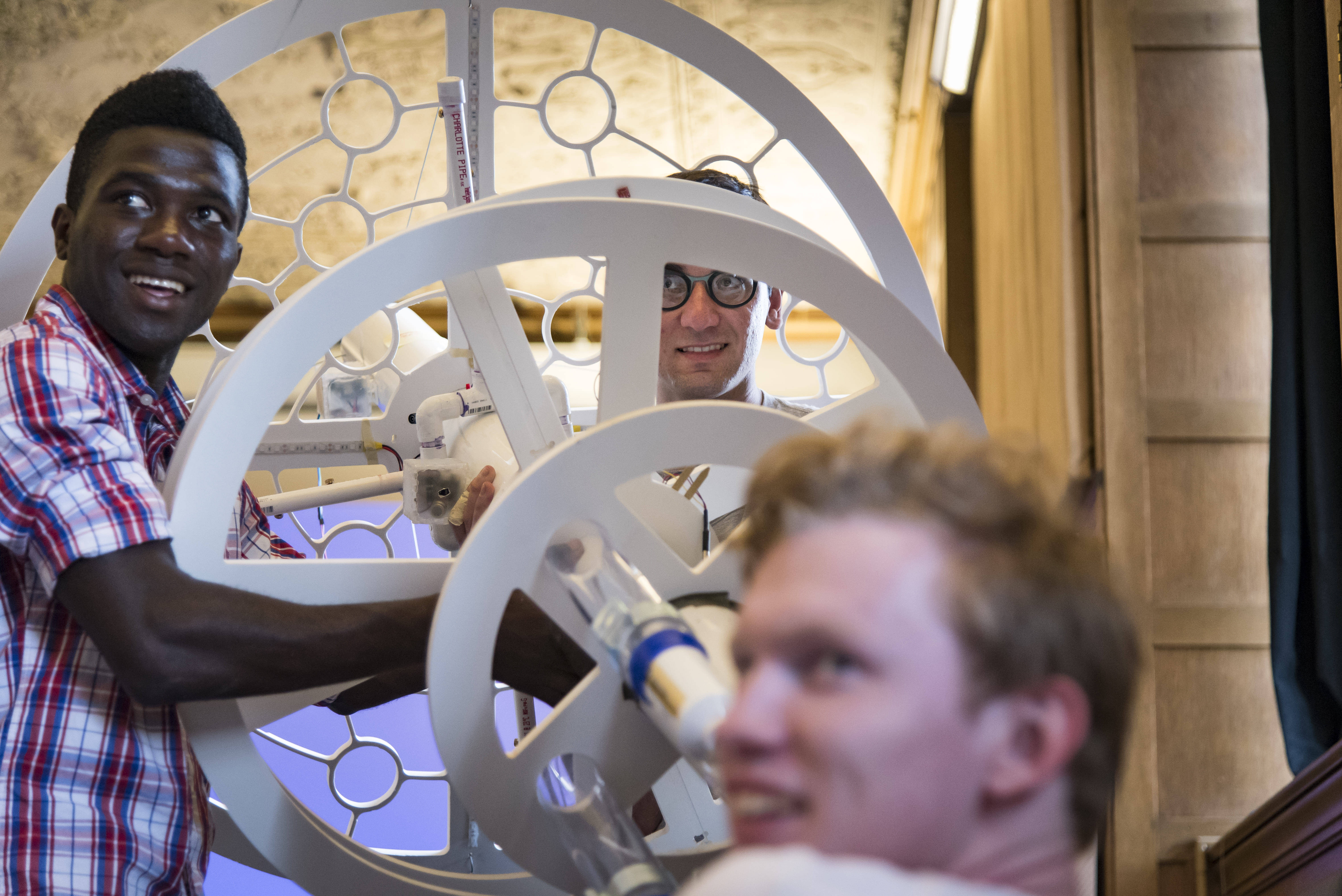 Carnegie Mellon University, three smiling men, large white scientific apparatus, 5K Desktop Wallpaper