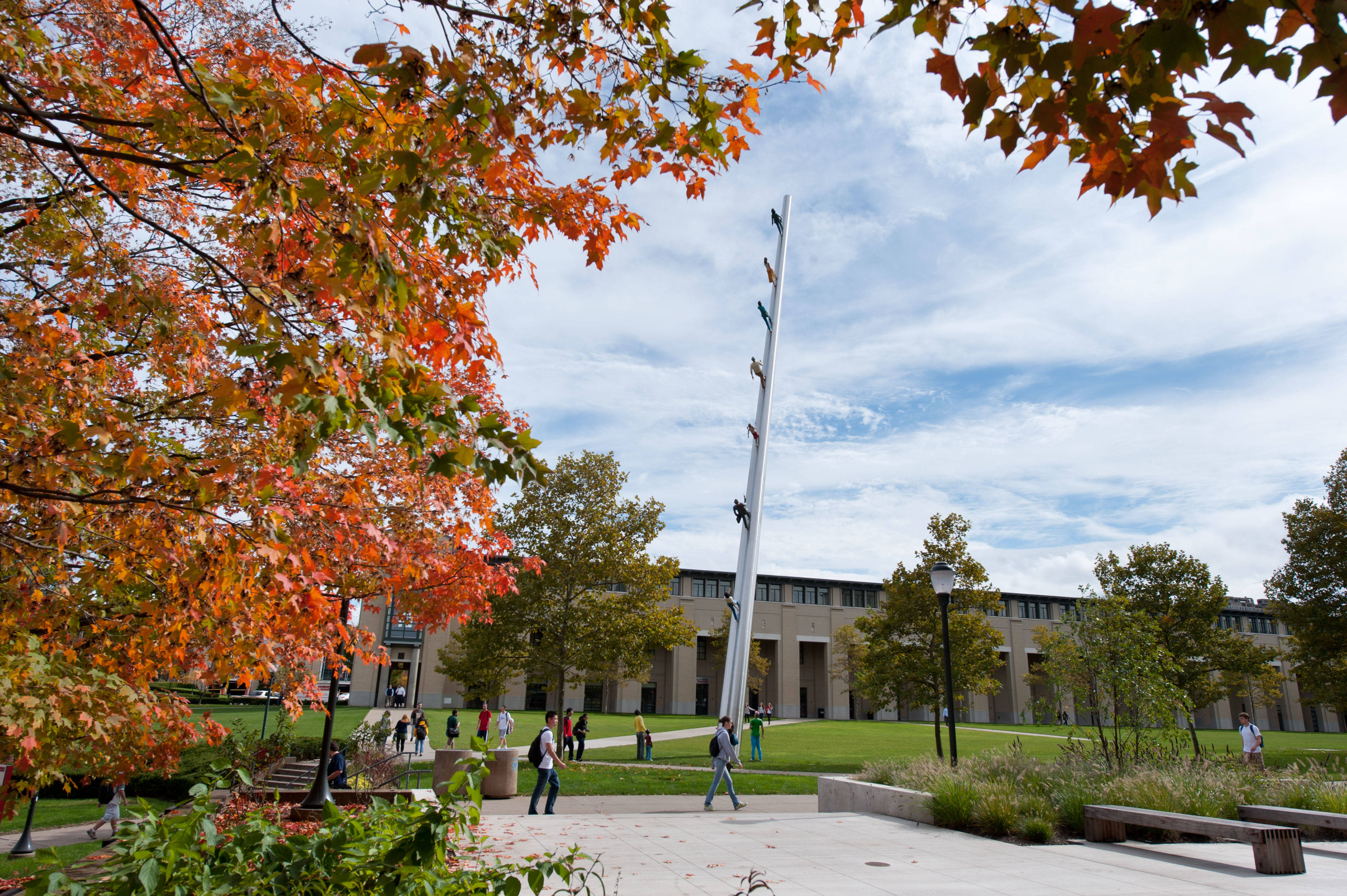 Carnegie Mellon University, autumn leaves, modern campus plaza, 4K Desktop Wallpaper