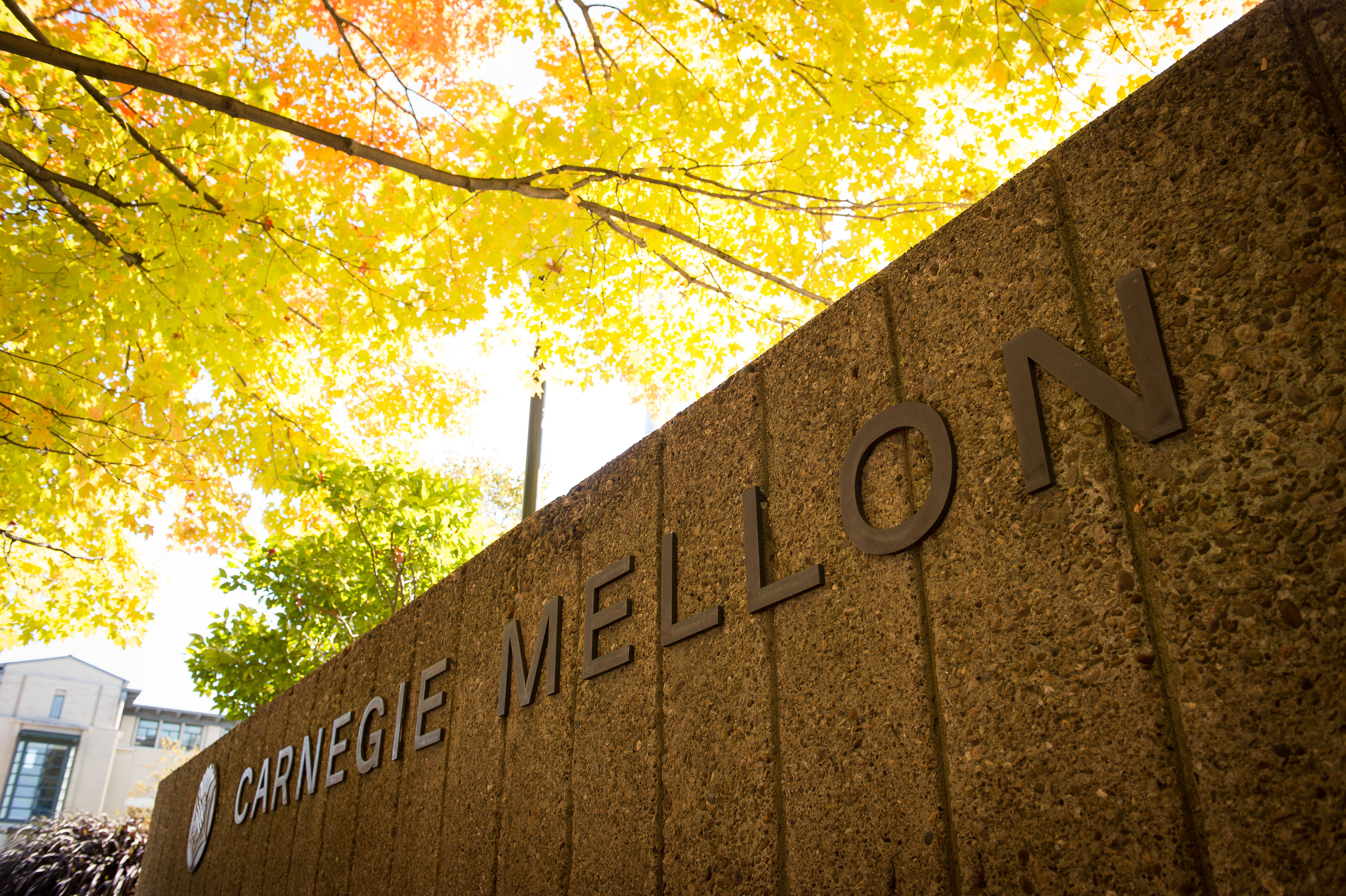 Carnegie Mellon University, stone sign, vibrant yellow autumn leaves, 4K Desktop Wallpaper