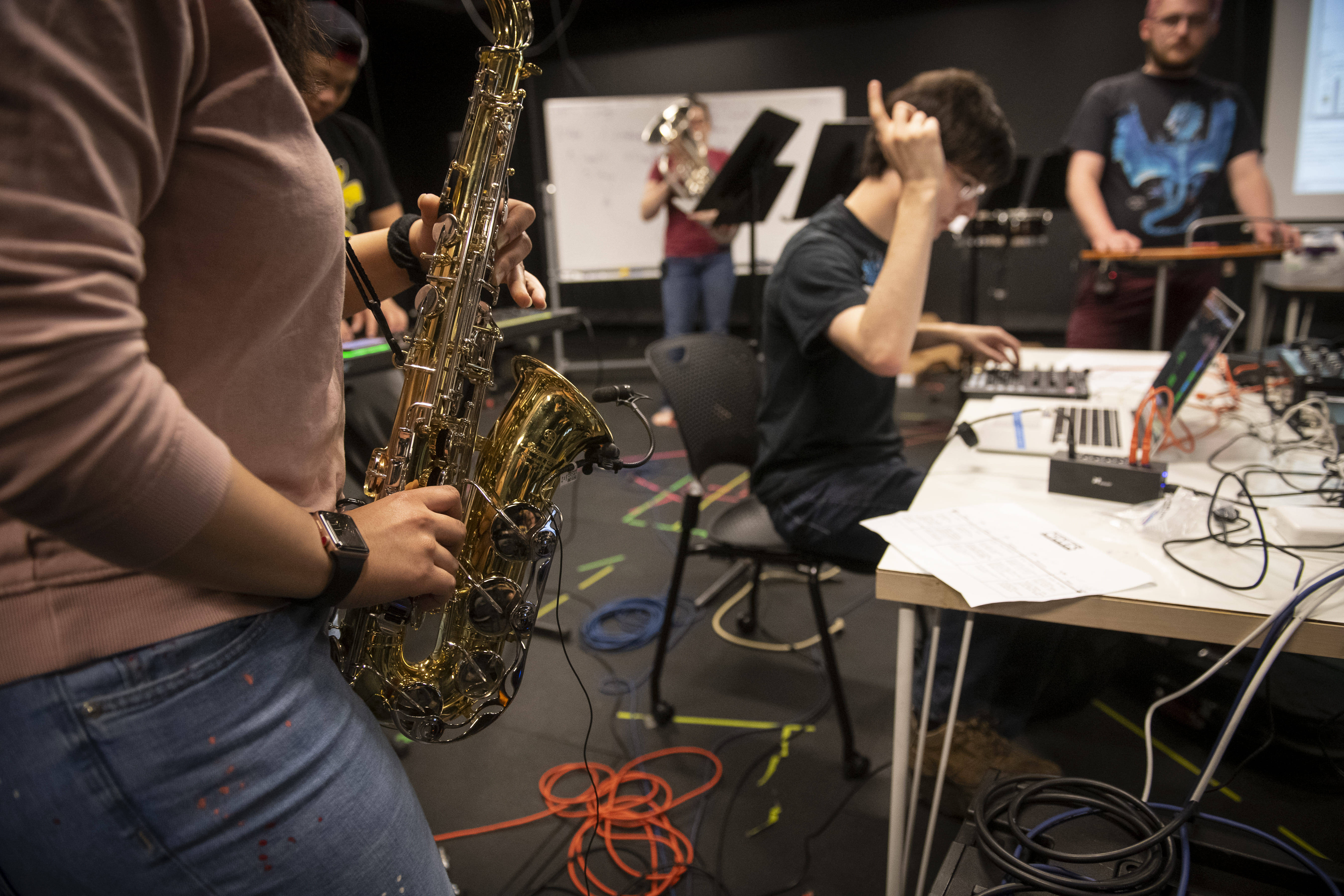 Carnegie Mellon University, golden saxophone, cluttered studio, 5K Desktop Wallpaper