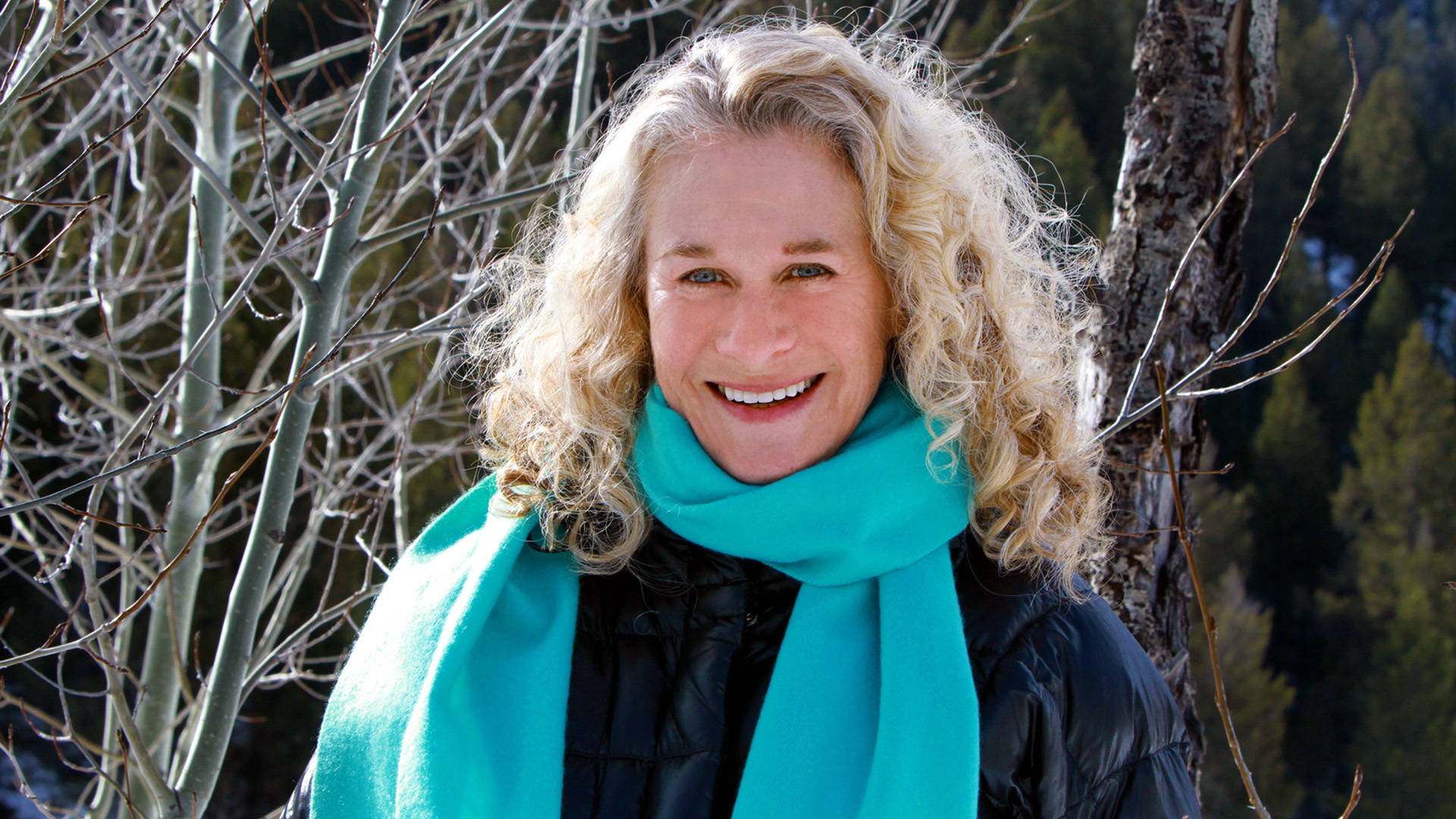 Carole King, bright teal scarf, curly blonde hair, Full HD Desktop Wallpaper
