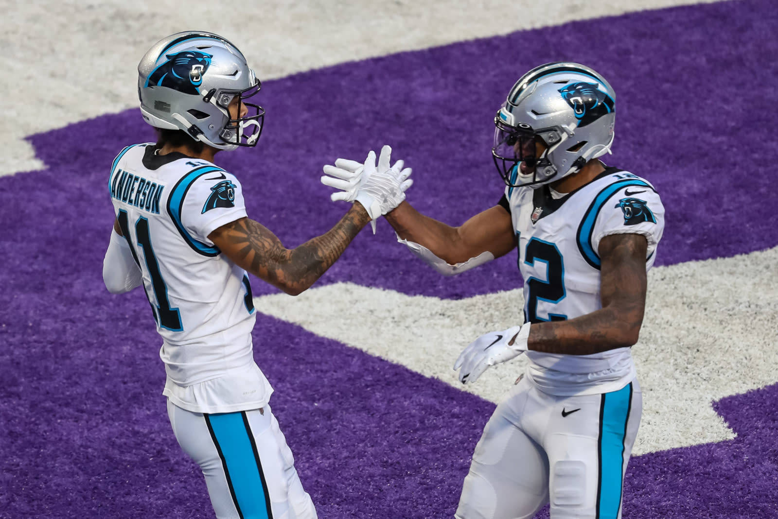 Carolina Panthers, white and teal uniforms, vibrant purple and white turf field, HD Desktop Wallpaper