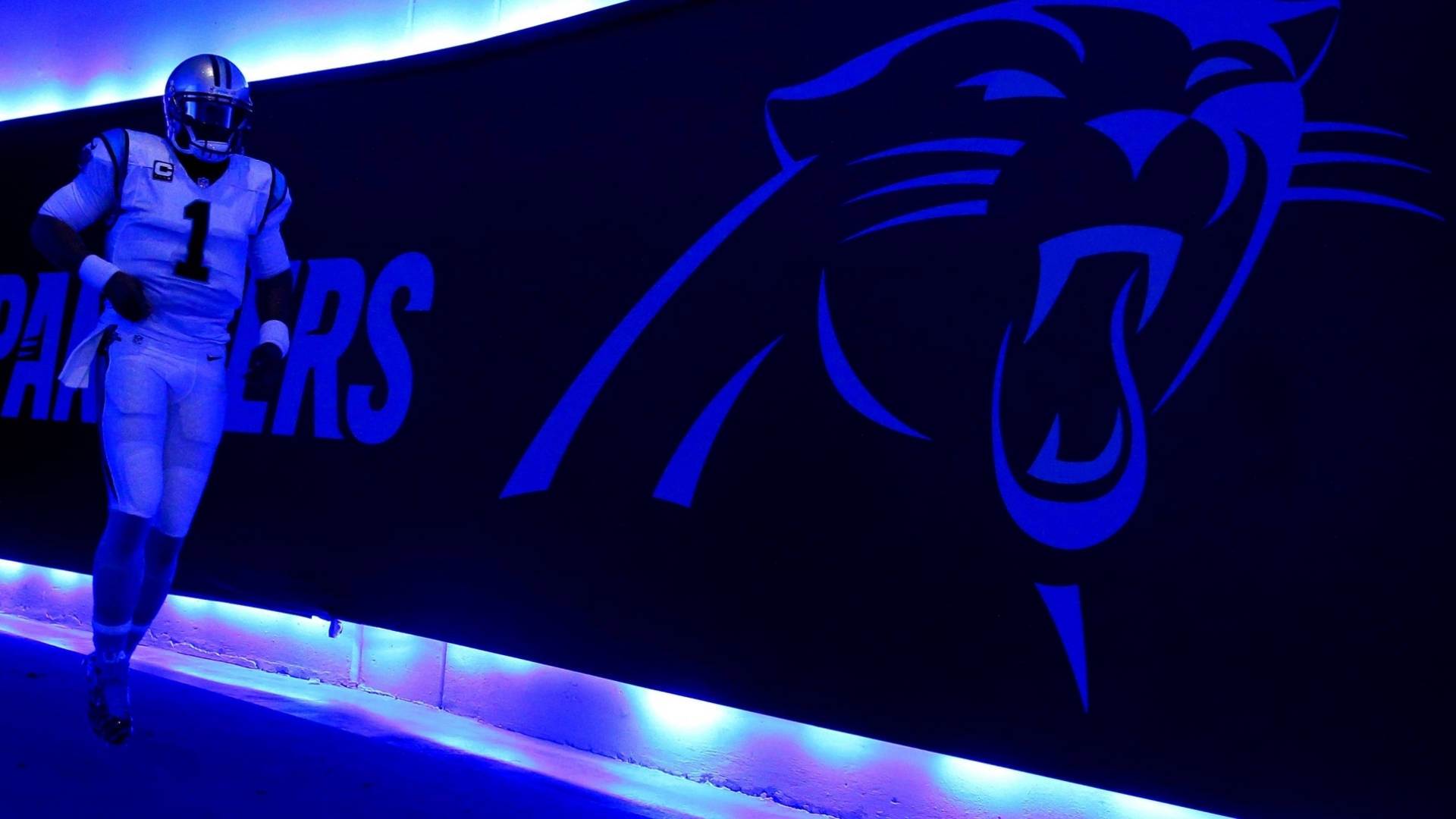 Carolina Panthers, white uniform, glowing blue panther logo, Full HD Desktop Wallpaper