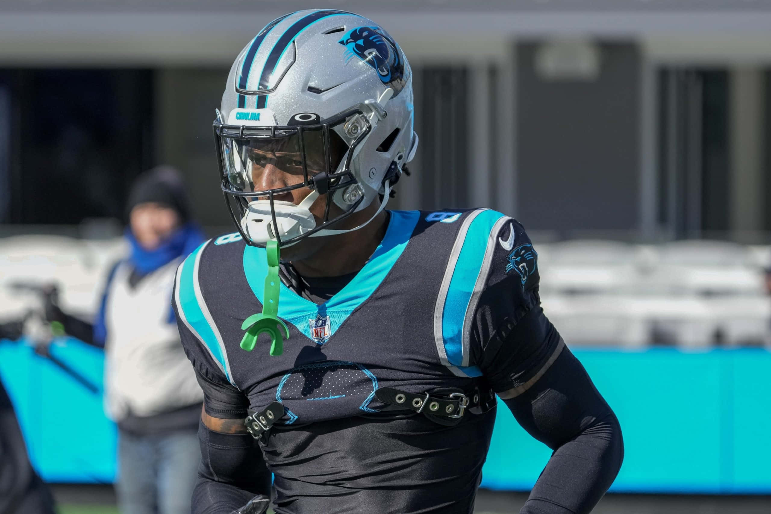 Carolina Panthers, green mouthguard, sunny field, 2K Desktop Wallpaper
