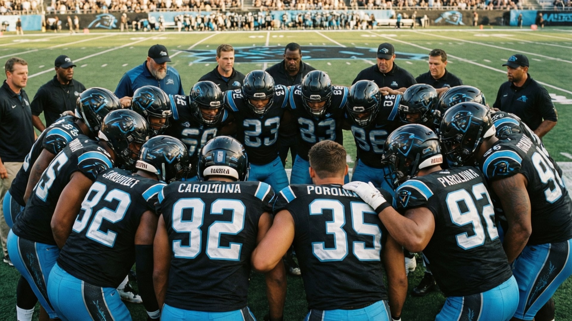 Carolina Panthers, football players, huddle, Full HD Desktop Wallpaper