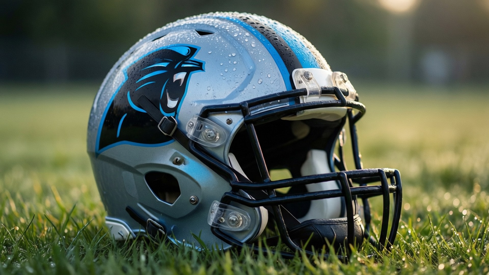 Carolina Panthers, football helmet, dewy grass, Full HD Desktop Wallpaper