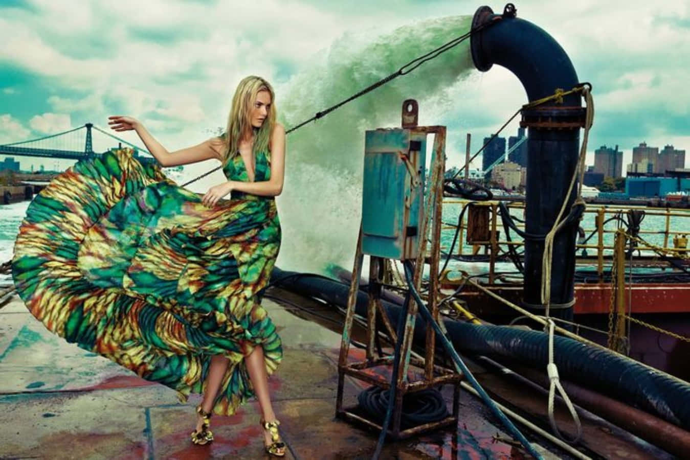 Caroline Trentini, vibrant swirling dress, rusty dock, HD Desktop Wallpaper