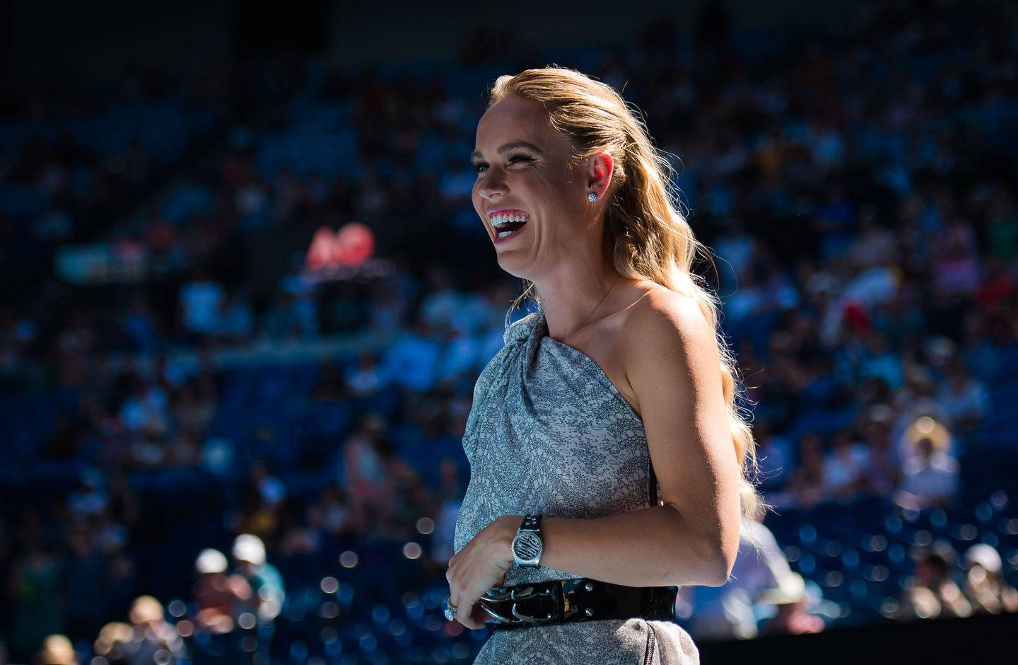 Caroline Wozniacki, gray dress, tennis court, HD Desktop Wallpaper