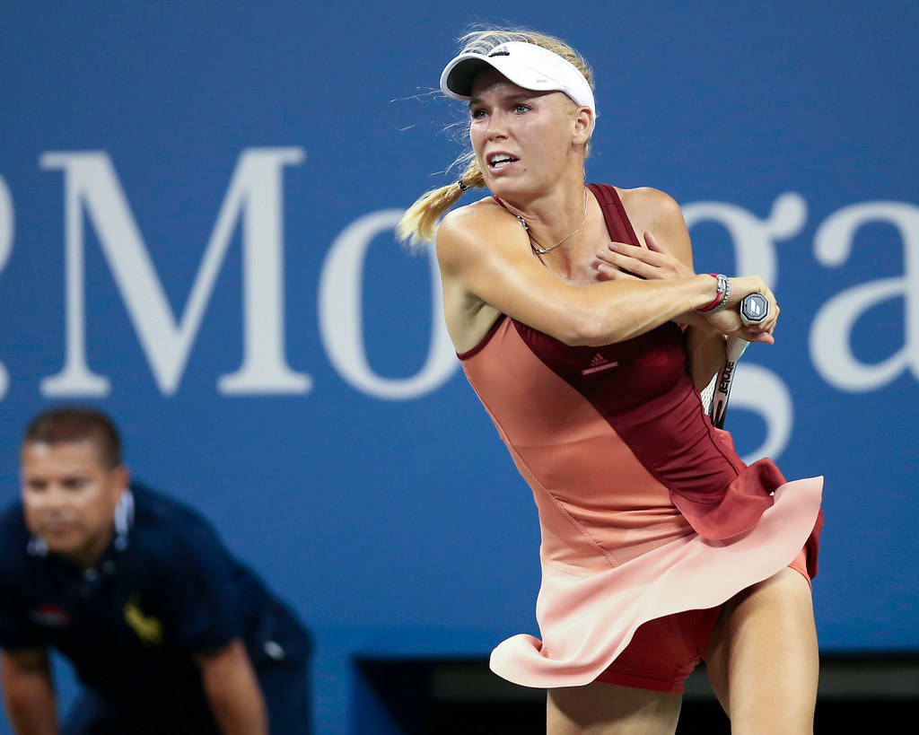 Caroline Wozniacki, red dress, white visor, SD Desktop Wallpaper