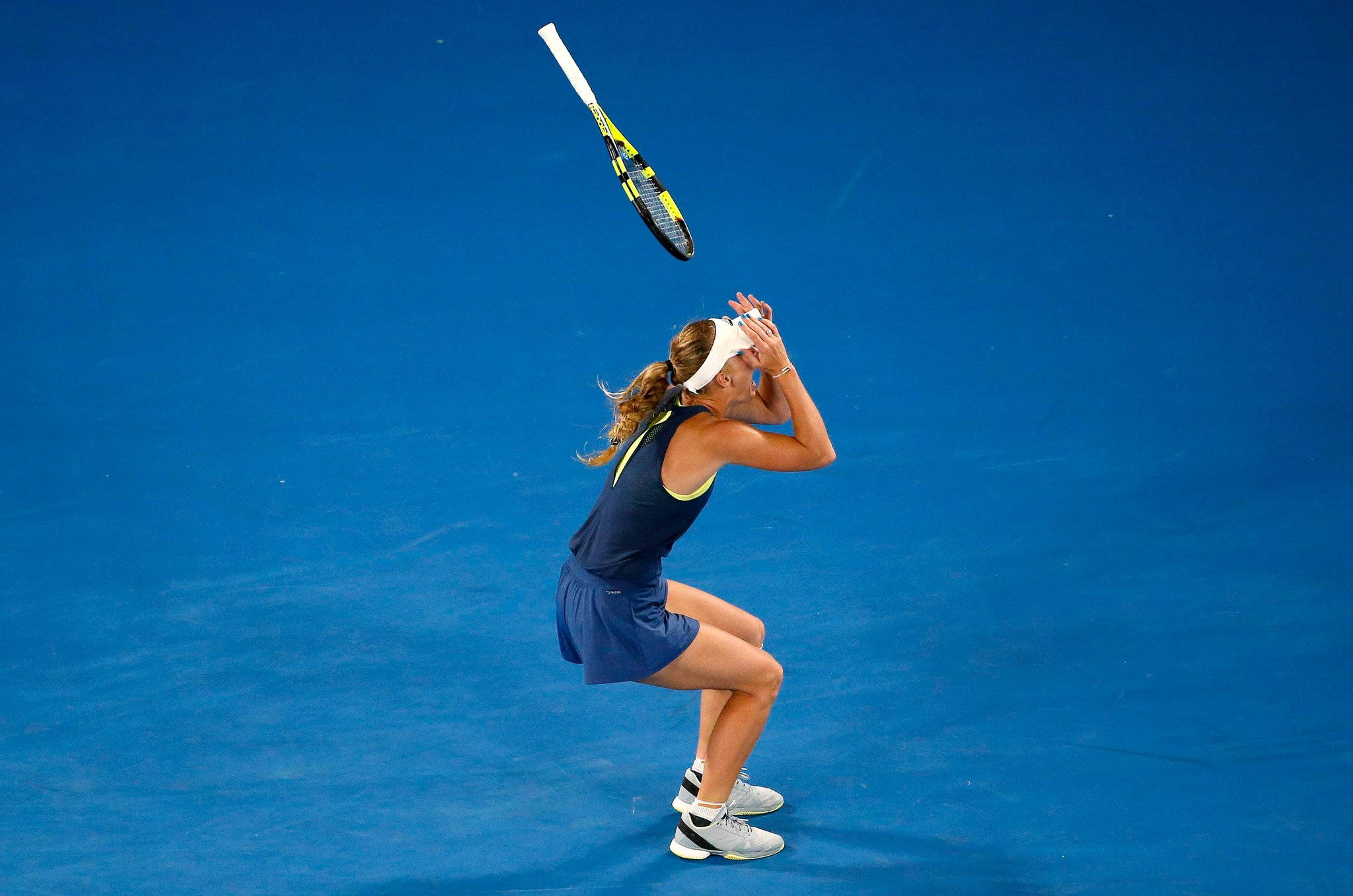 Caroline Wozniacki, blue tennis court, racket, Full HD Desktop Wallpaper