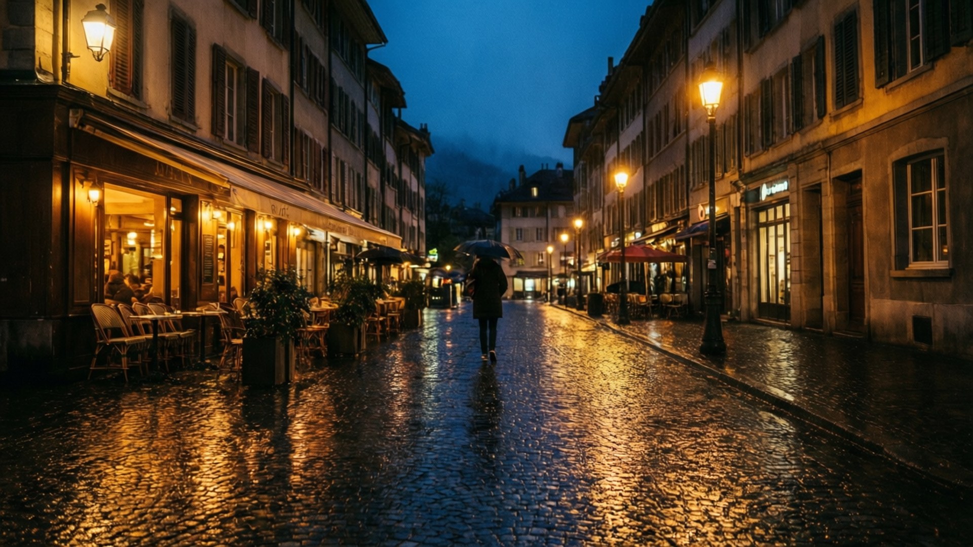 Carouge, rainy night, moody rainy evening, Full HD Desktop Wallpaper