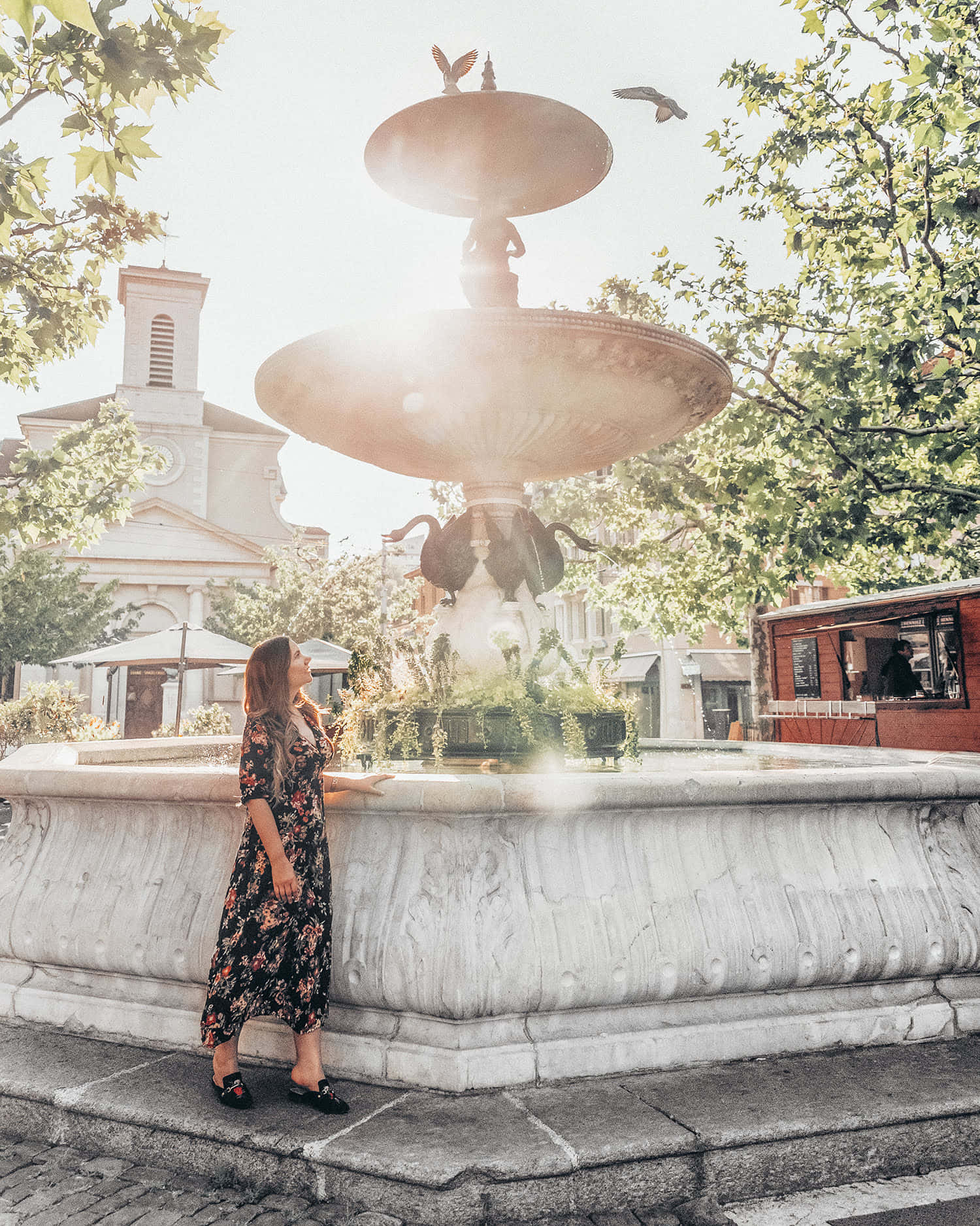 Carouge, sunset, stone fountain, HD Phone Wallpaper