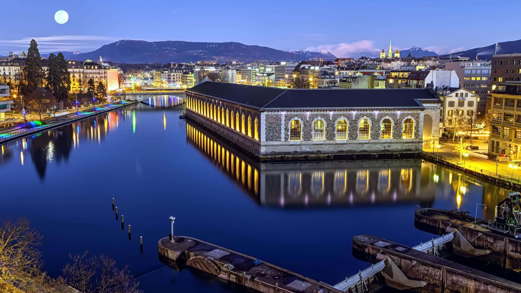 Carouge, twilight, moonlit river, Full HD Desktop Wallpaper