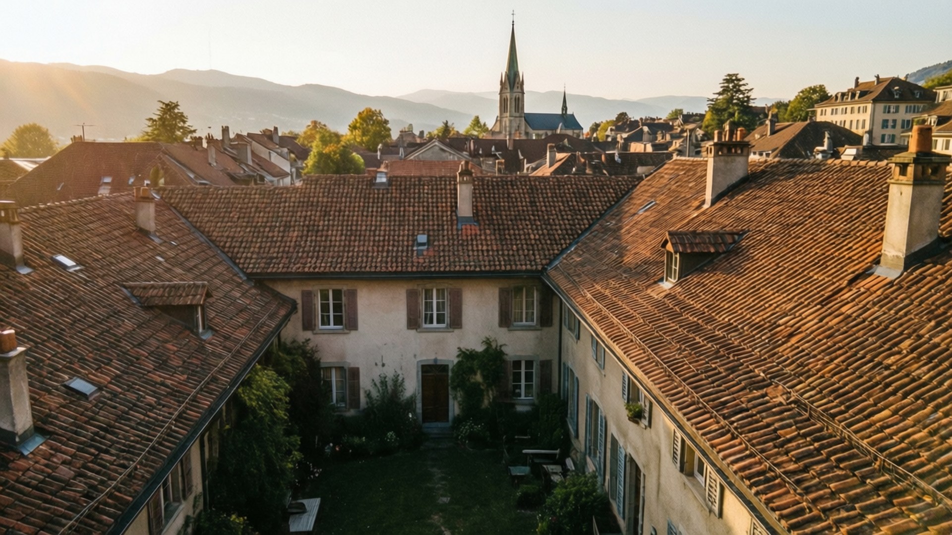 Carouge, rooftops, church spire, Full HD Desktop Wallpaper