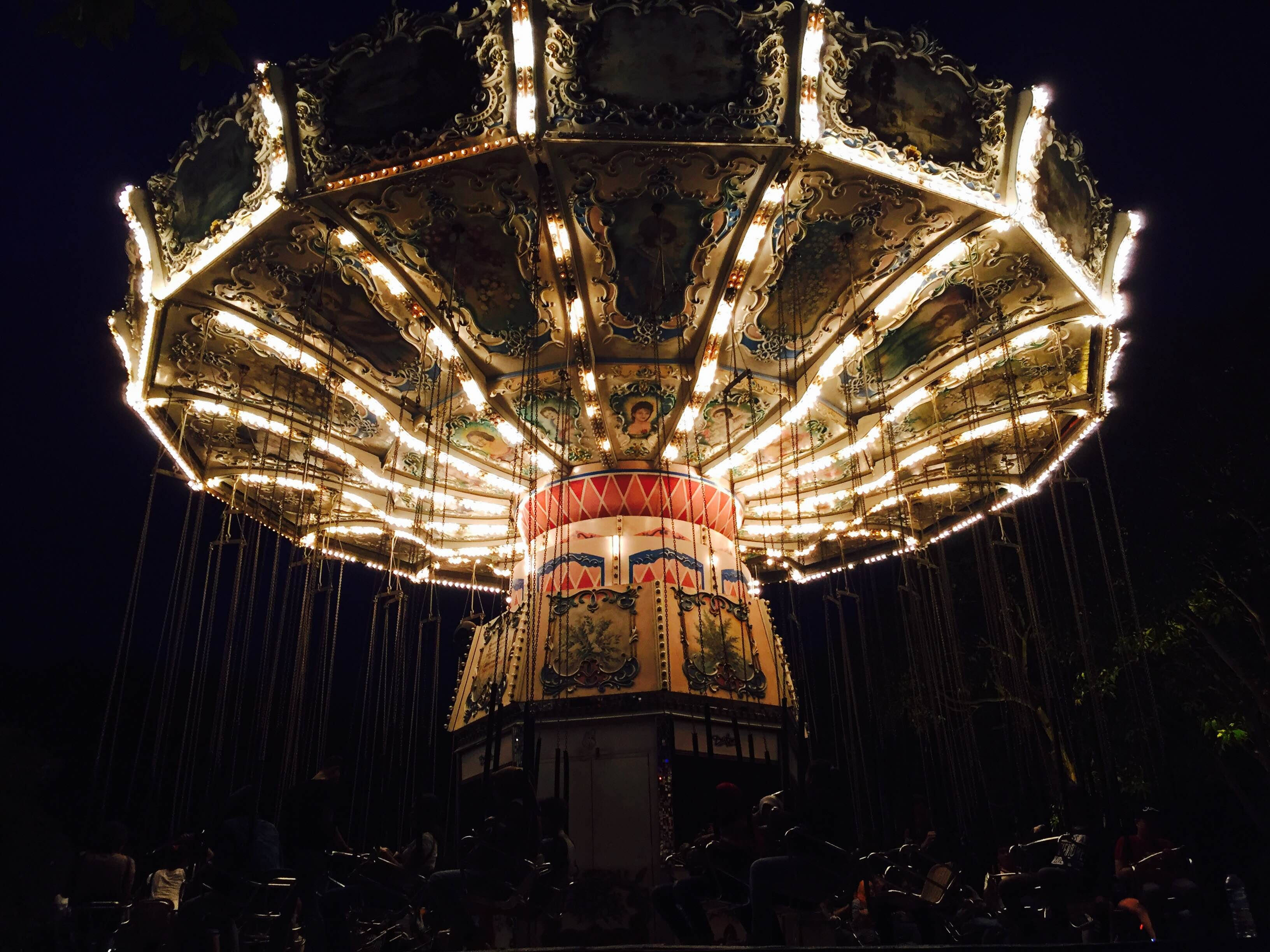 Dark Theme Carousel, night, illuminated carousel, 2K Desktop Wallpaper