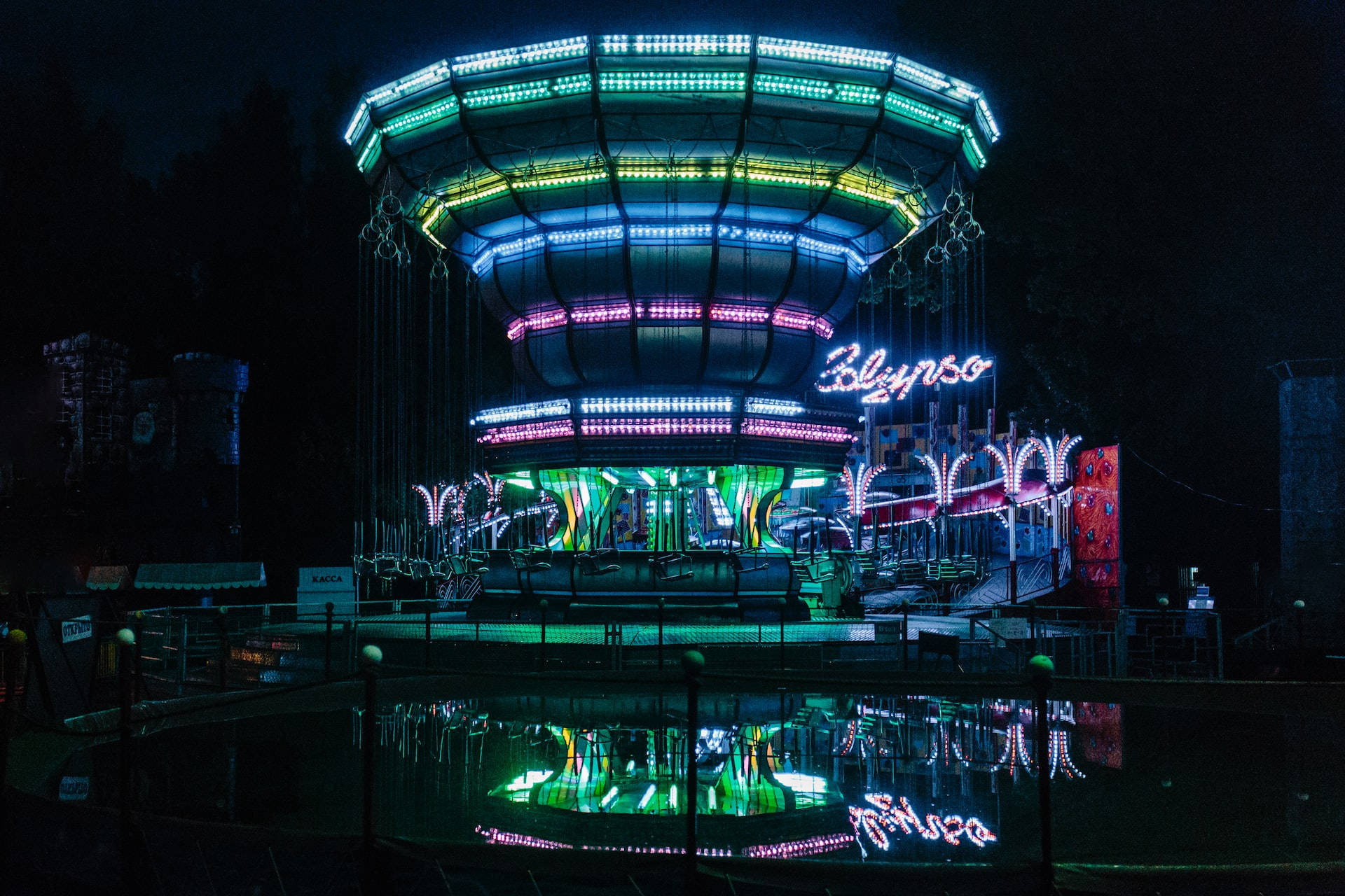 Night Aesthetic Carousel, neon-lit carousel, colorful lights, Full HD Desktop Wallpaper