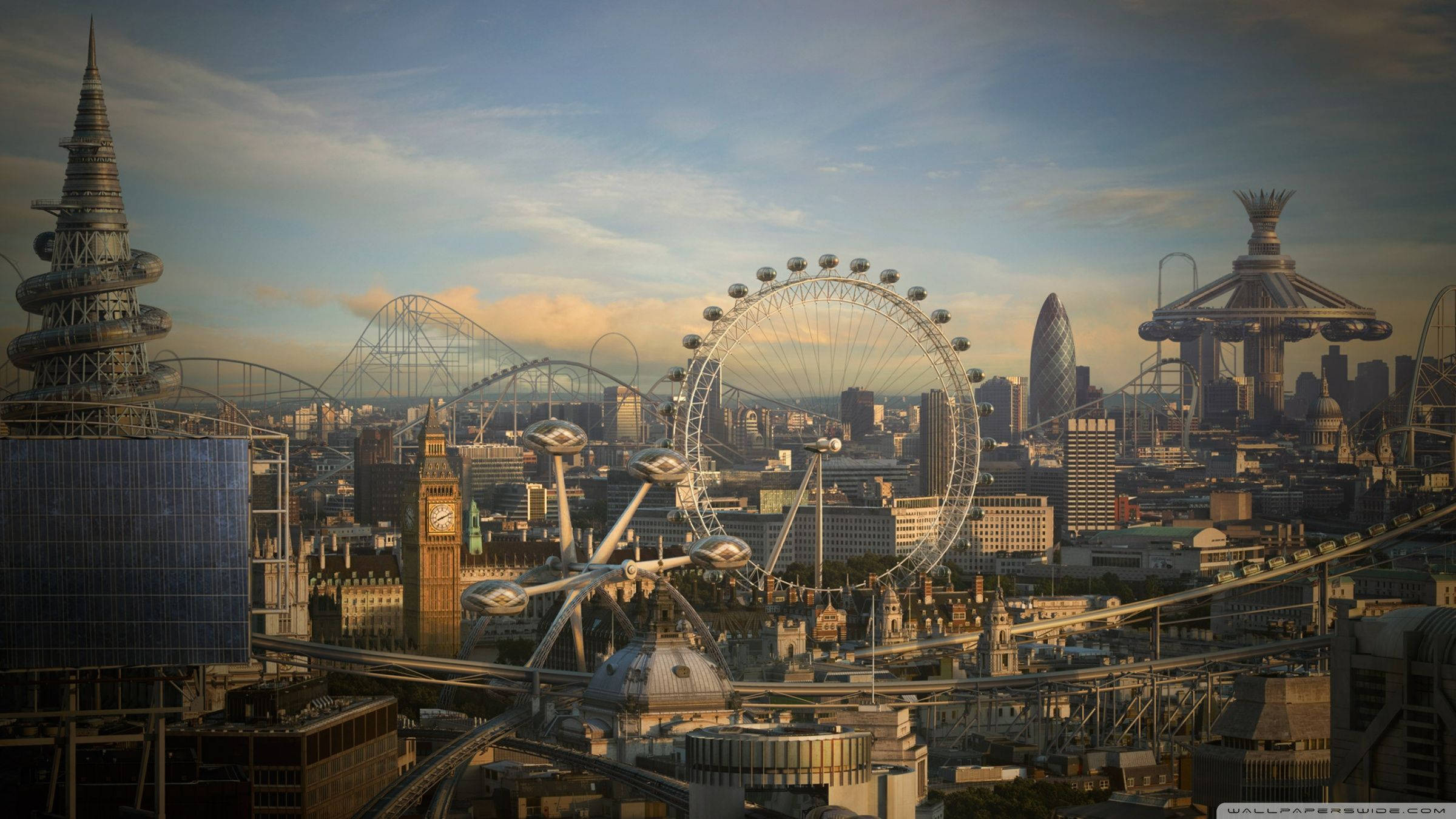 futuristic city, sunset, Ferris wheel, Full HD Desktop Wallpaper