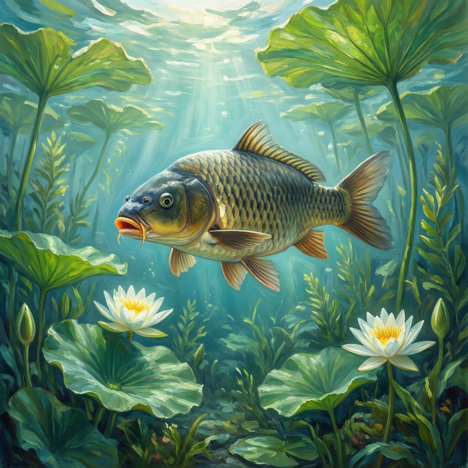 carp, water lilies, impressionist painting, HD Desktop Wallpaper