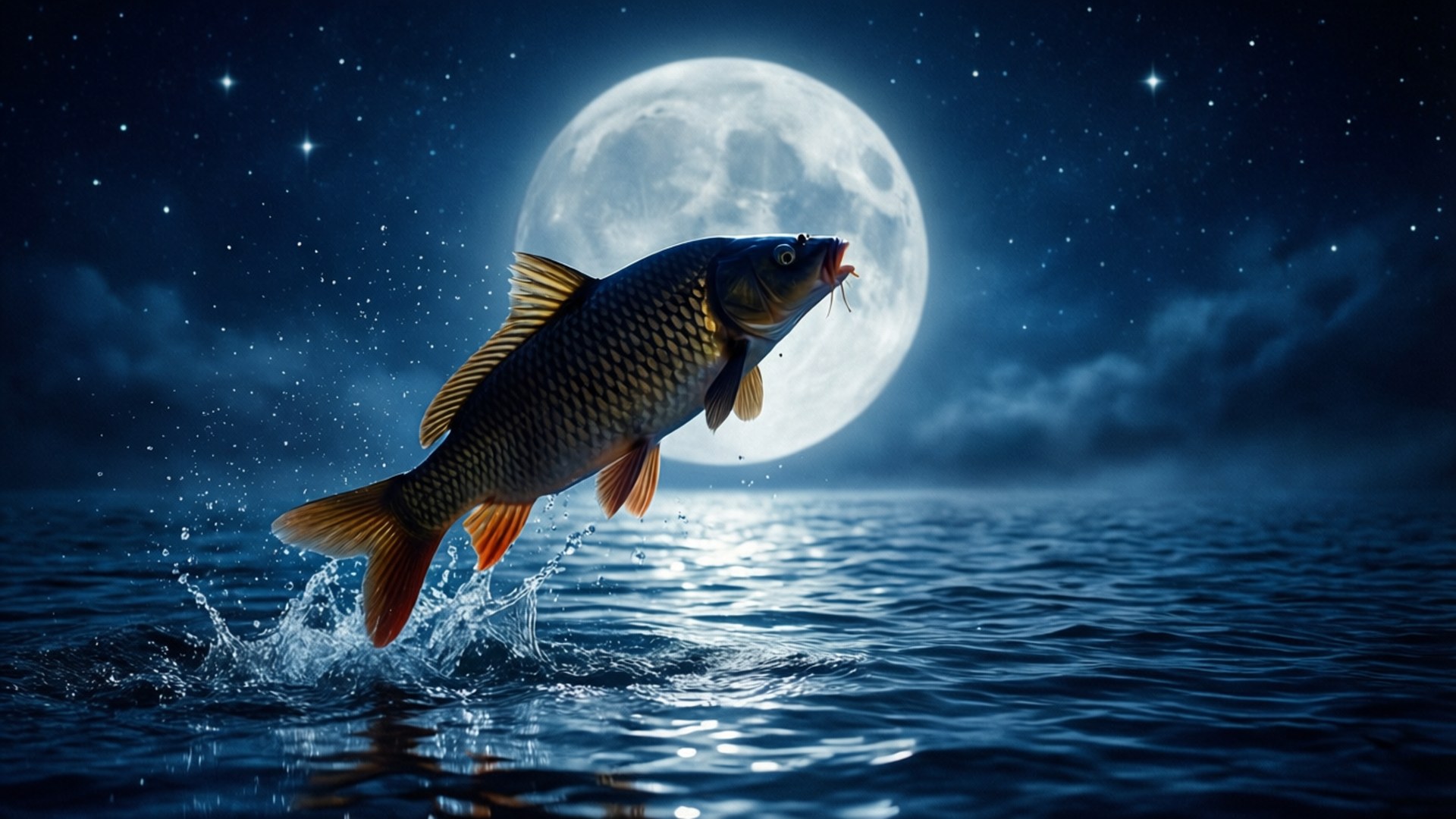 Carp, moonlit water, full moon, Full HD Desktop Wallpaper