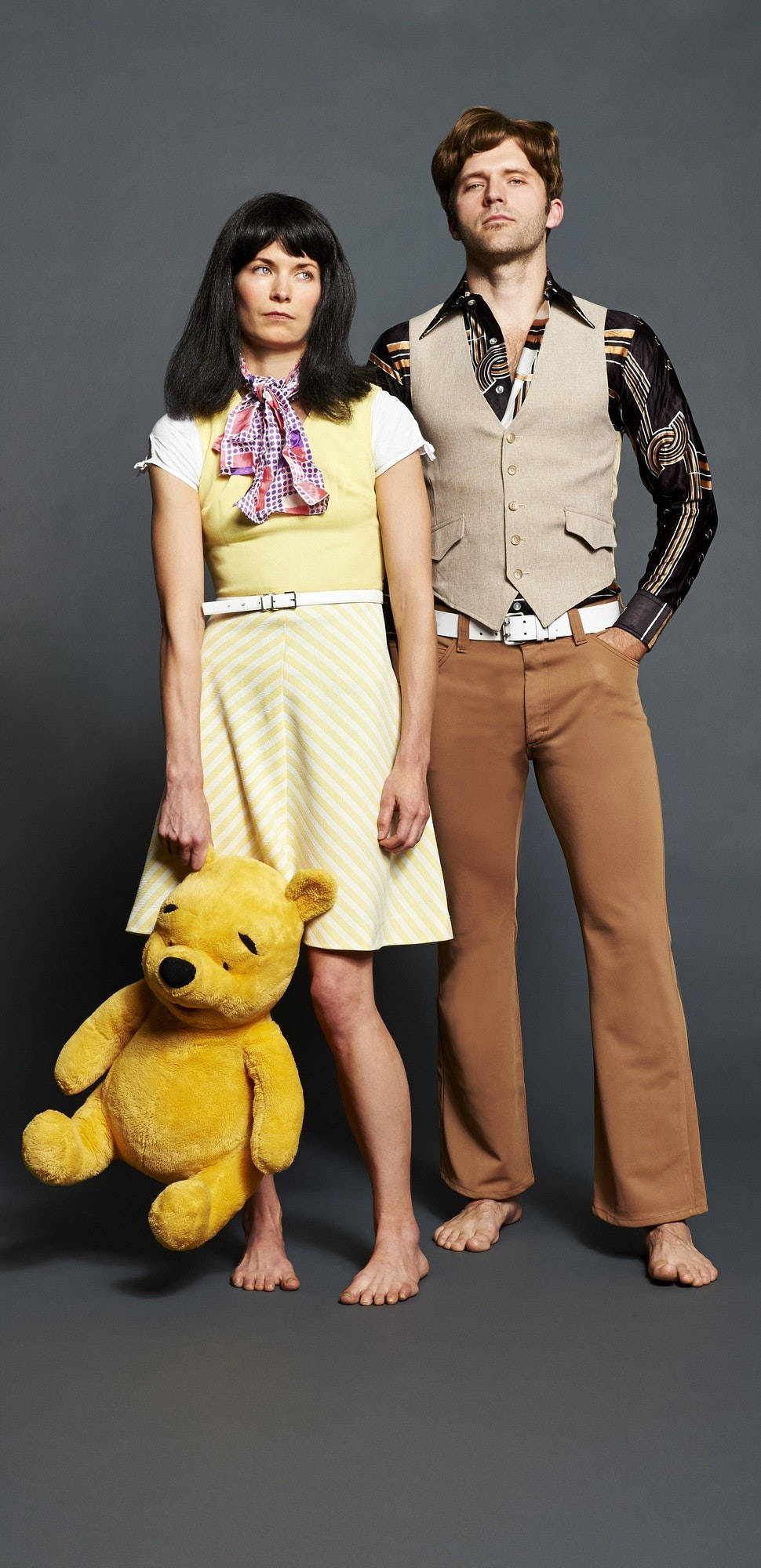 Carpenters, 1970s retro outfits, large yellow teddy bear, Full HD Phone Wallpaper