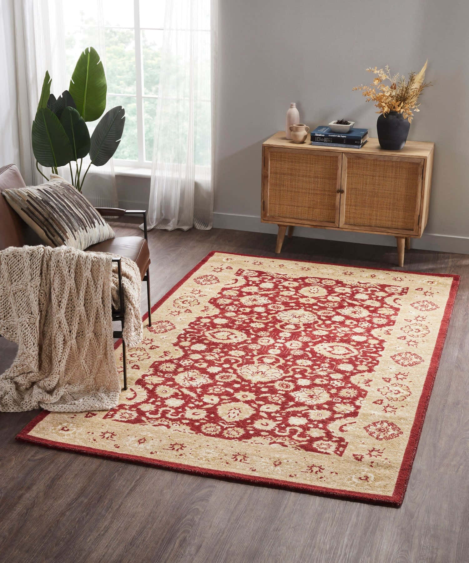 red and beige area rug, cozy living room, wooden sideboard, HD Phone Wallpaper