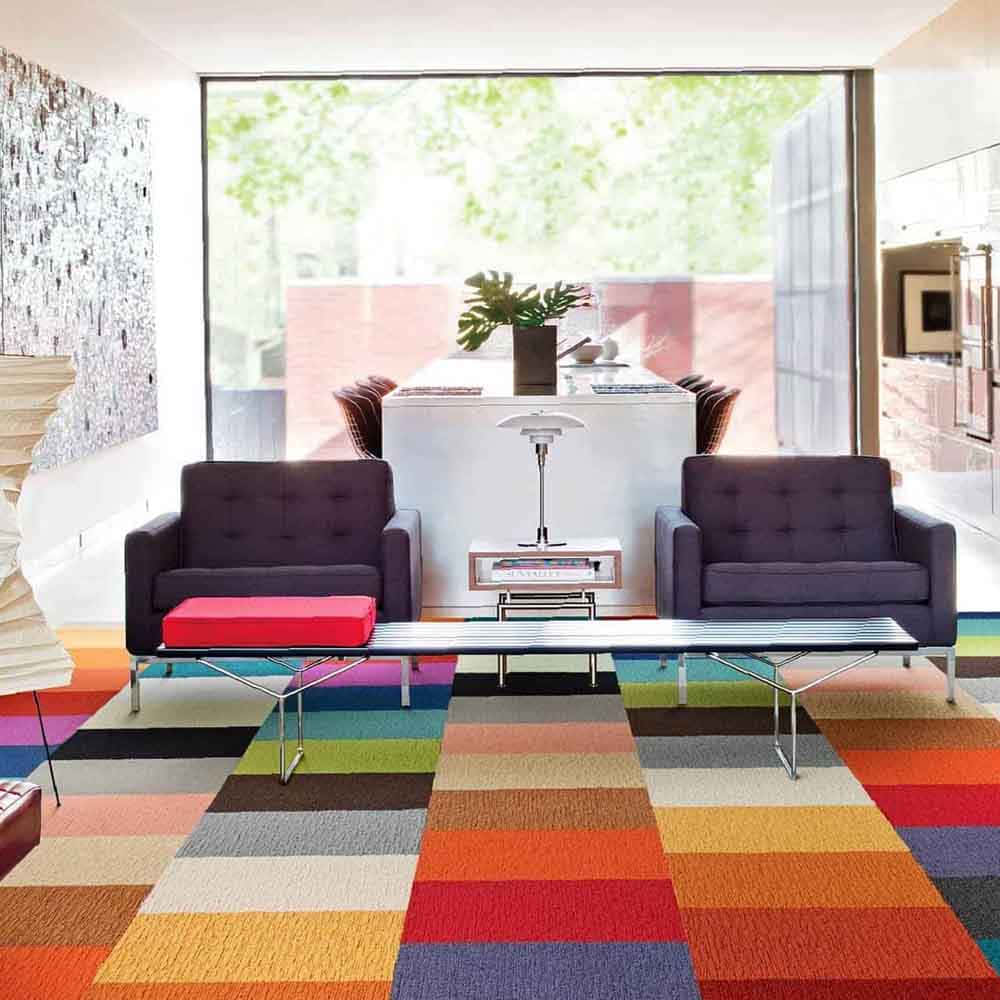 colorful geometric rug, purple armchairs, white console table, SD Desktop Wallpaper