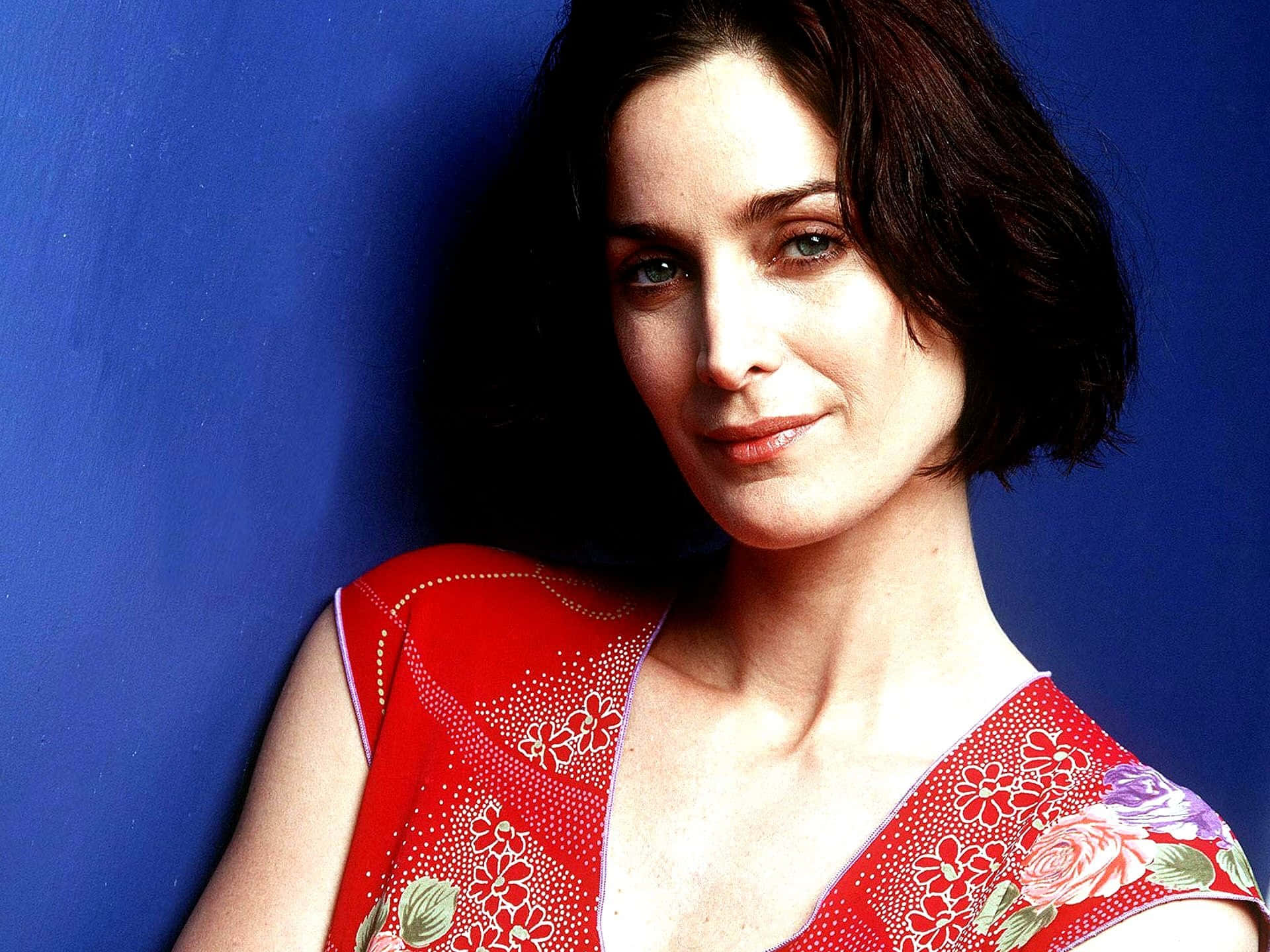 Carrie Anne Moss, red dress, floral top, Full HD Desktop Wallpaper