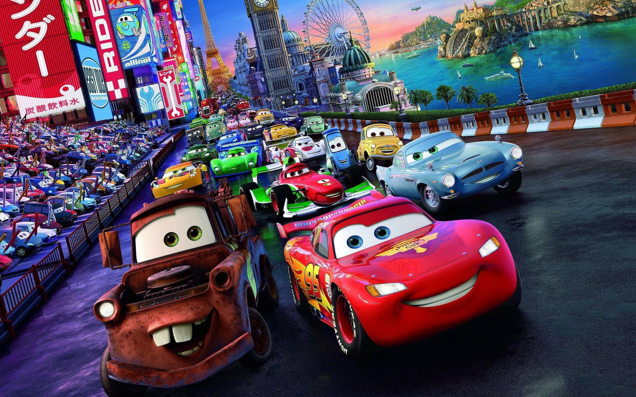 Cars 2, race cars, global cityscape, 2K Desktop Wallpaper