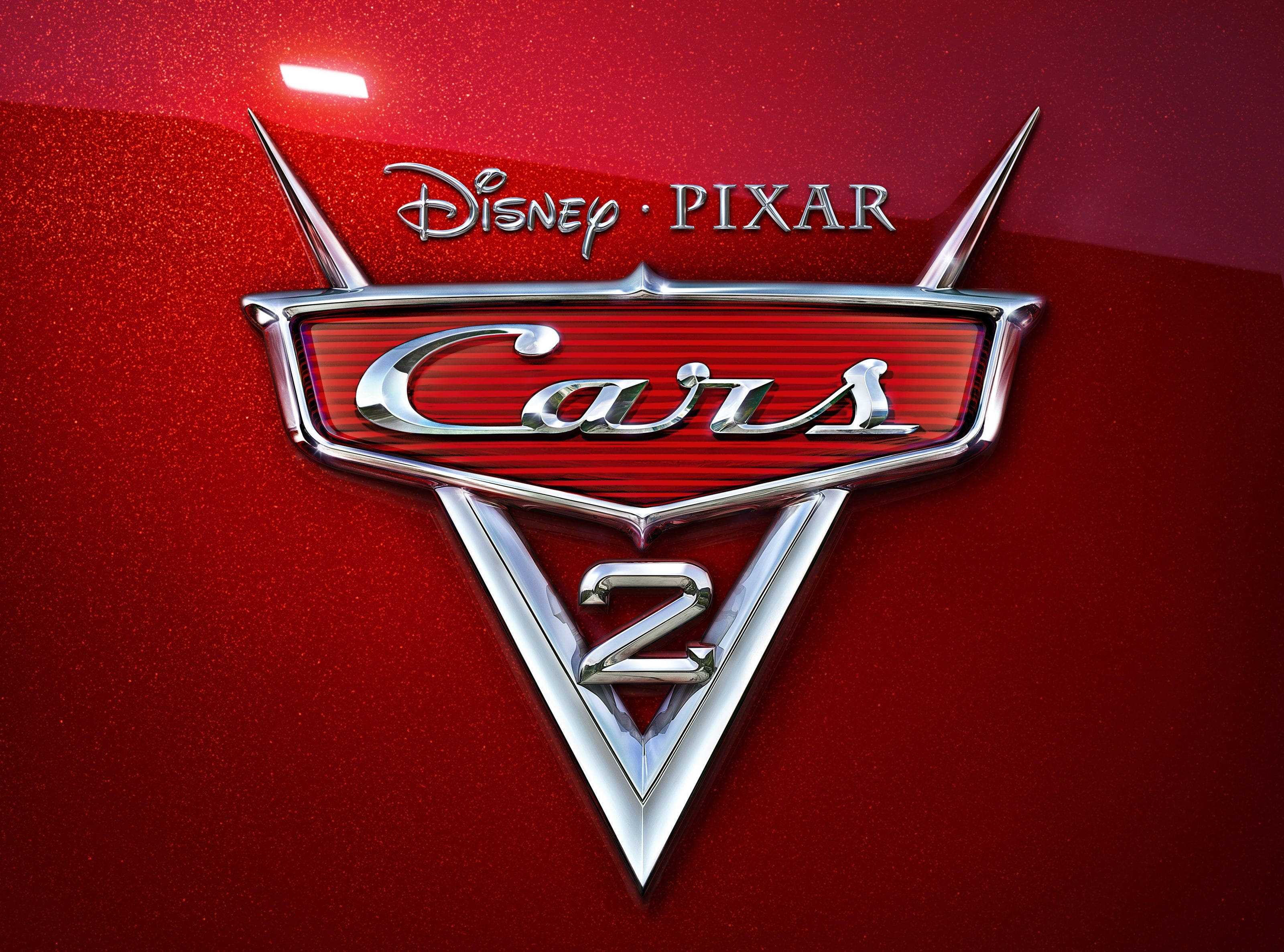 Cars 2, red car hood, shiny chrome logo, 2K Desktop Wallpaper