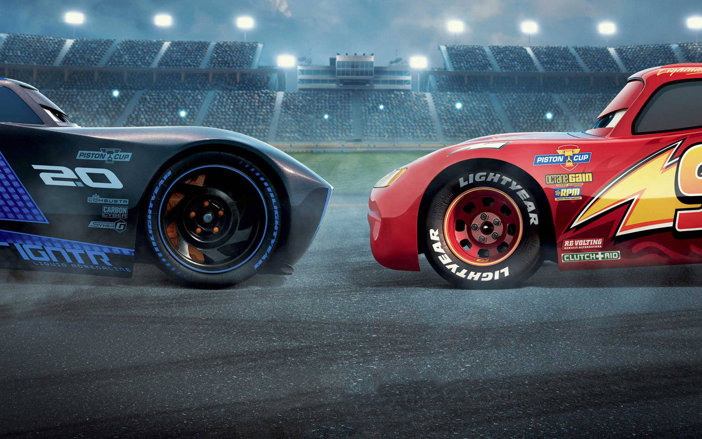 Cars 3, wet racetrack, stadium lights, HD Desktop Wallpaper