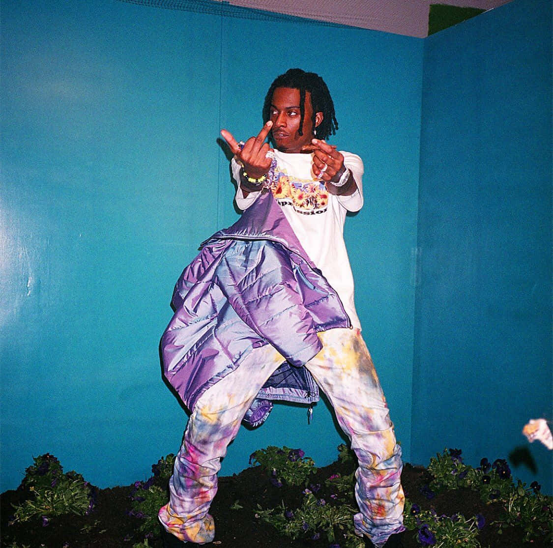 Carti Pfp, puffy purple jacket, vibrant tie-dye pants, SD Desktop Wallpaper