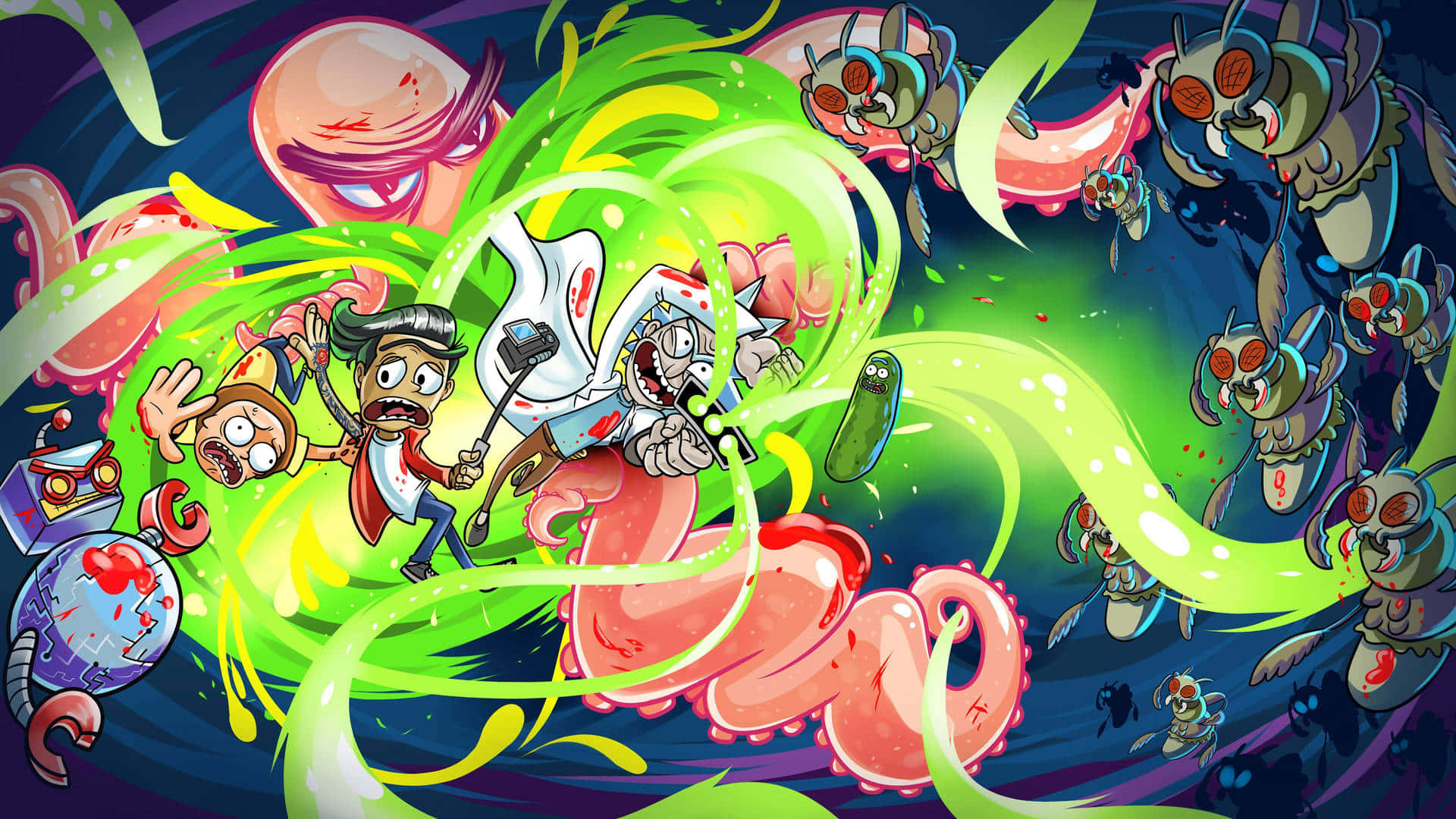 Cartoon Alien, neon green energy, colorful planet, Full HD Desktop Wallpaper