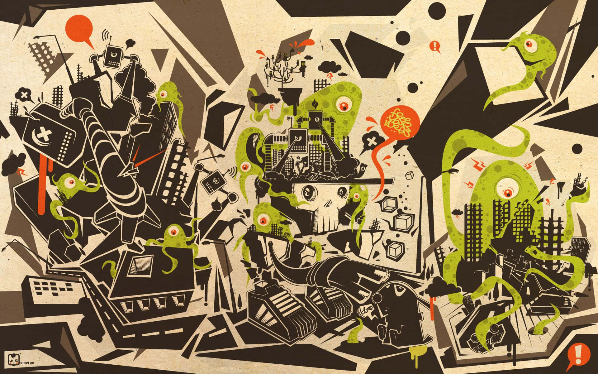 Cartoon Alien, black geometric shapes, green one-eyed monsters, Full HD Desktop Wallpaper
