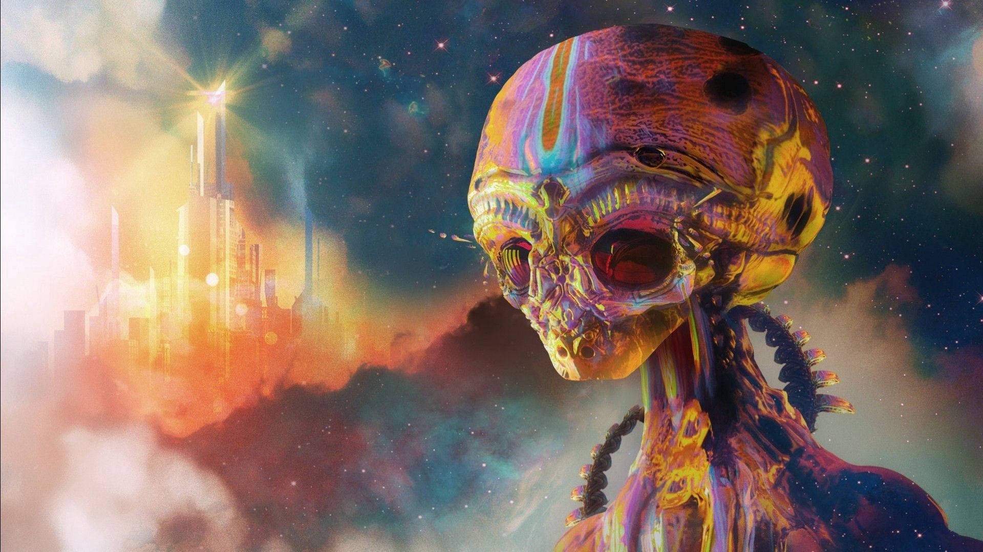 cartoon alien, alien skull, glowing eyes, Full HD Desktop Wallpaper