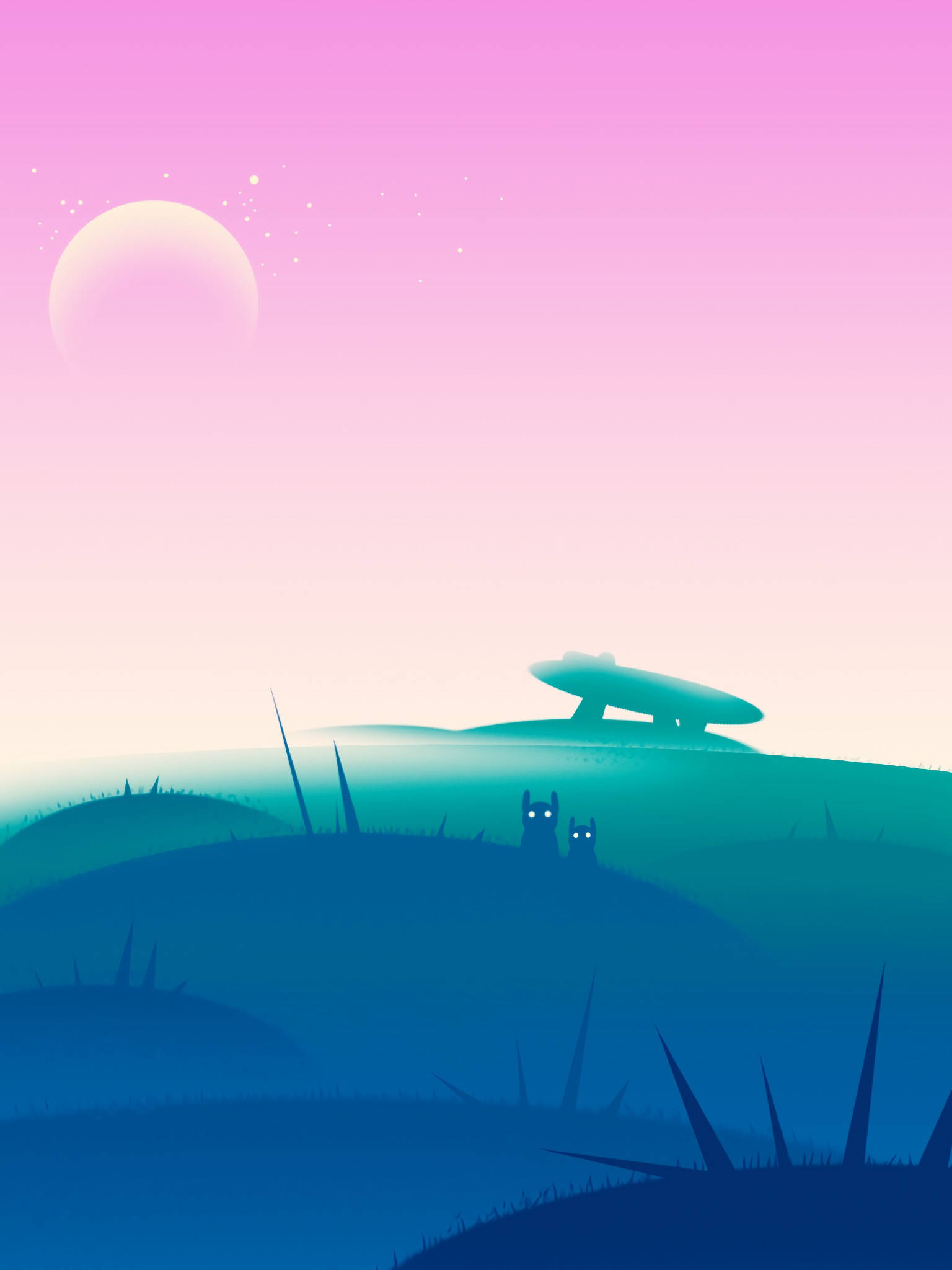 cartoon alien, glowing-eyed cats, blue hill, Full HD Phone Wallpaper
