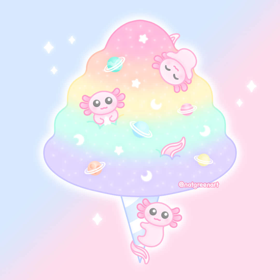 pastel rainbow ice cream cone, cute pink axolotls, floating planets, SD Desktop Wallpaper