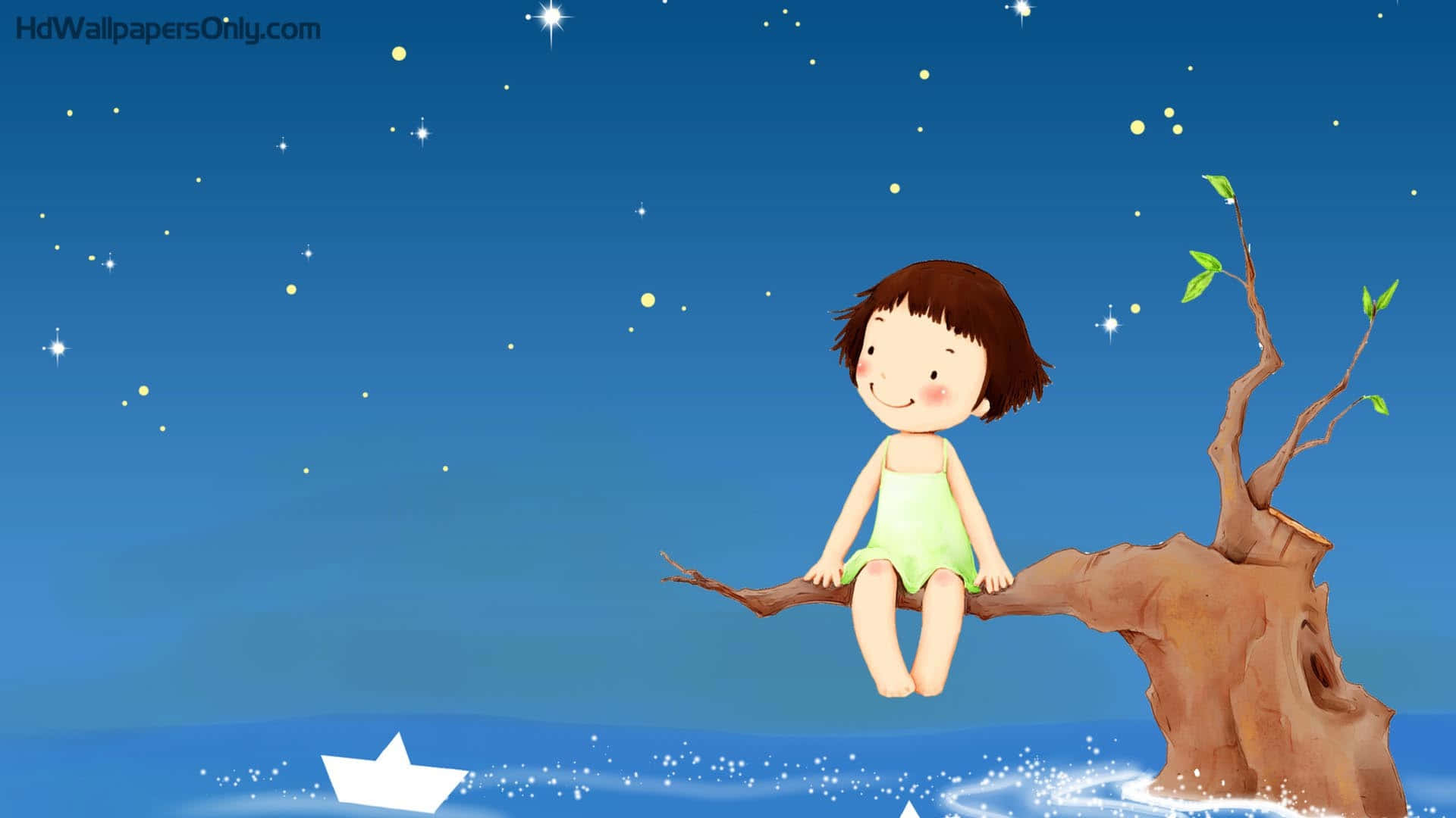 cartoon girl, green dress, tree branch, Full HD Desktop Wallpaper