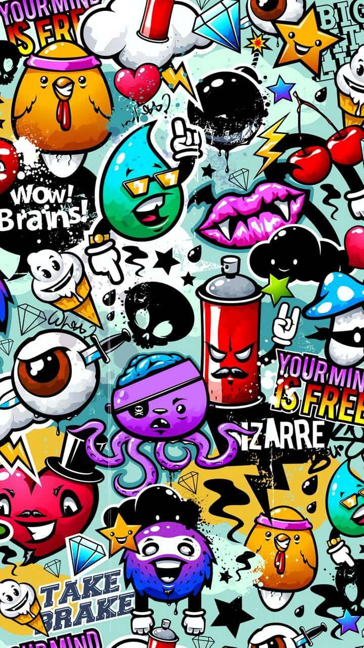colorful cartoon characters, spray paint cans, hearts, HD Phone Wallpaper