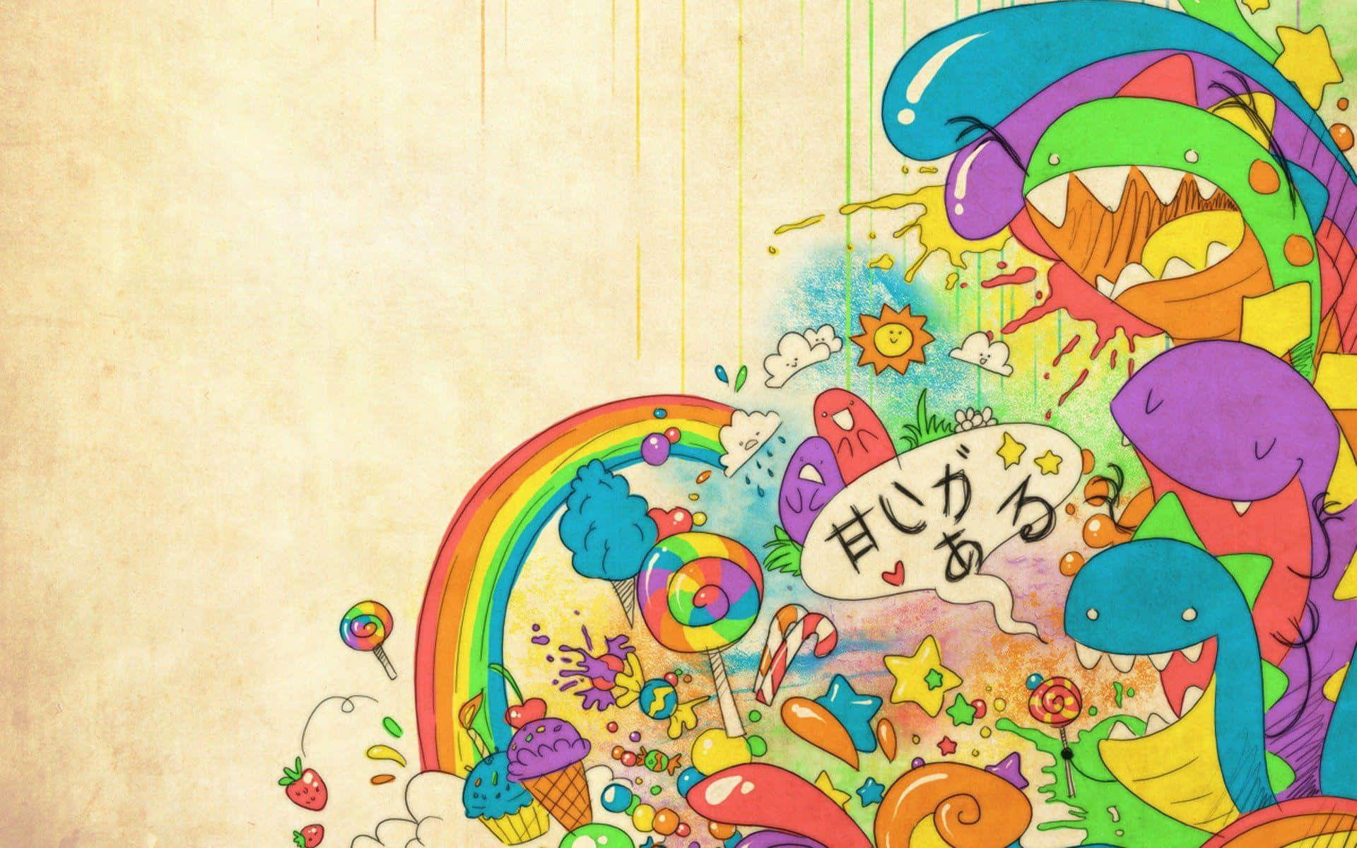 cartoon art, candy rainbows, smiling monsters, Full HD Desktop Wallpaper