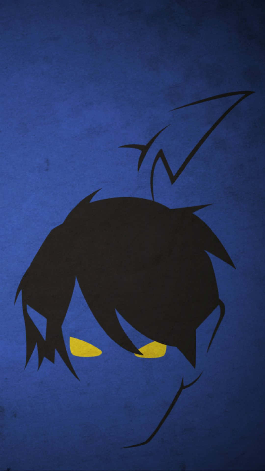 minimalist anime silhouette, spiky-haired figure, glowing yellow eyes, Full HD Phone Wallpaper