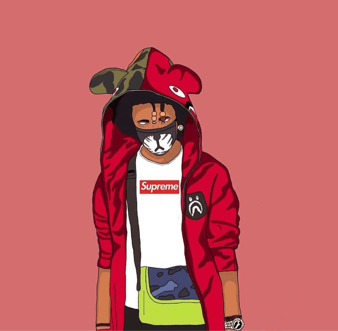 red hoodie, camo hat, face mask, SD Desktop Wallpaper